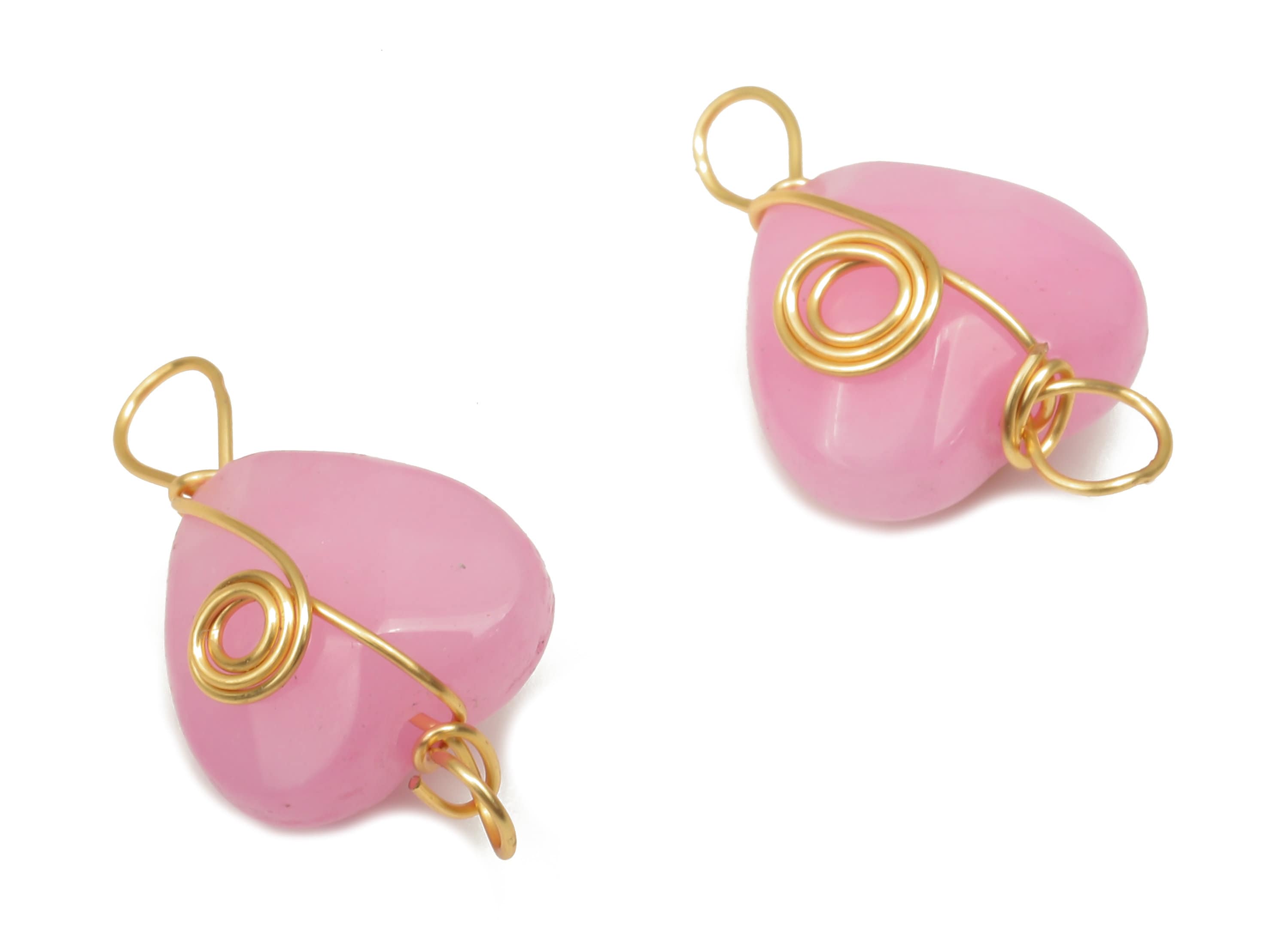Pink Jade Heart Earring Connectors - Brass Wire Wrapped Pendant - Faceted Natural Stone - Gold Tone Plating - 17.22x10.38x6.1mm - NS1864J - DOMEDBAZAAR