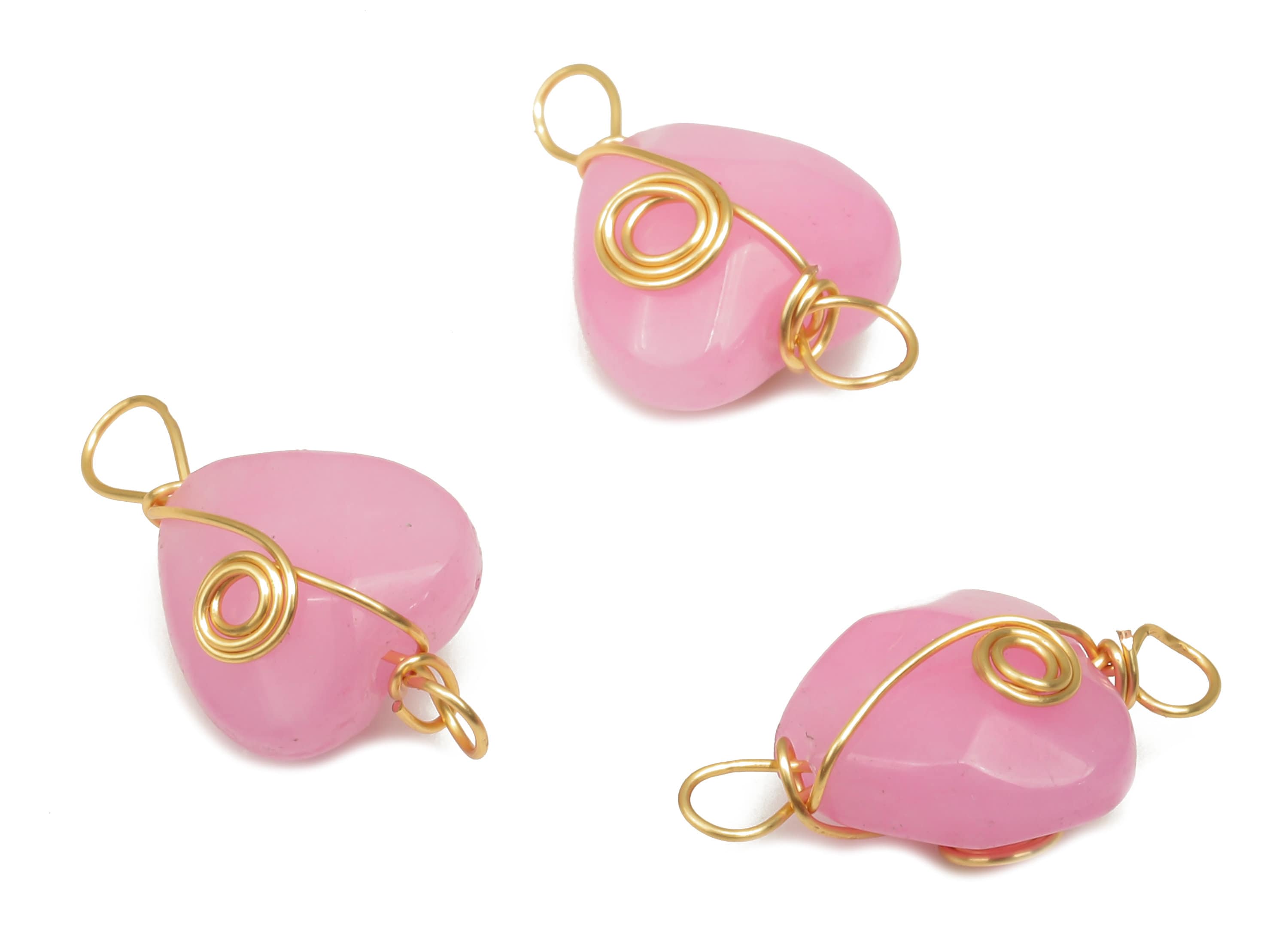 Pink Jade Heart Earring Connectors - Brass Wire Wrapped Pendant - Faceted Natural Stone - Gold Tone Plating - 17.22x10.38x6.1mm - NS1864J - DOMEDBAZAAR