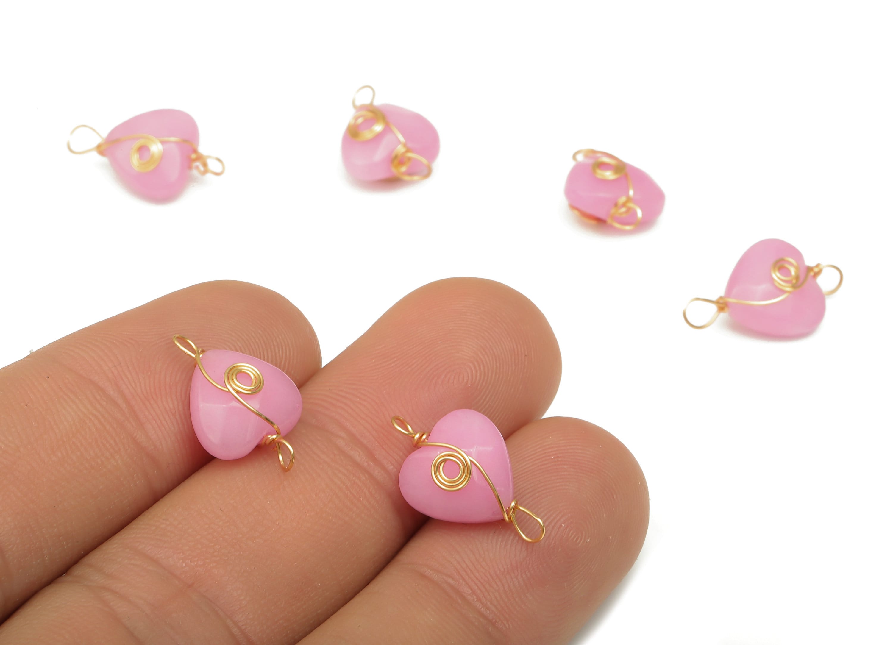 Pink Jade Heart Earring Connectors - Brass Wire Wrapped Pendant - Faceted Natural Stone - Gold Tone Plating - 17.22x10.38x6.1mm - NS1864J - DOMEDBAZAAR