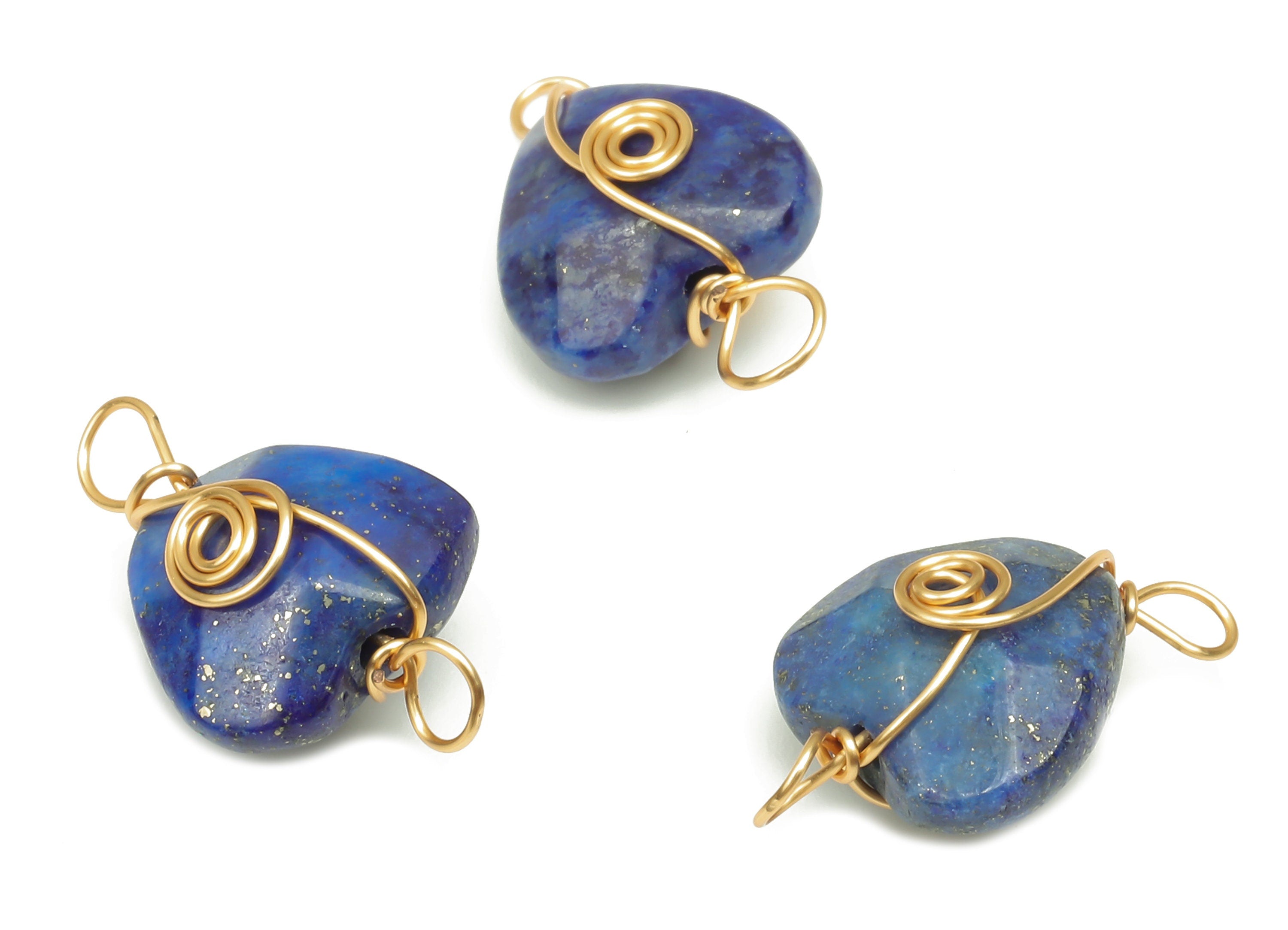Lapis Lazuli Heart Earring Connector - Brass Wire Wrapped Pendant - Faceted Natural Stone - Gold Tone Plating - 17.22x10.38x6.1mm - NS1864K - DOMEDBAZAAR