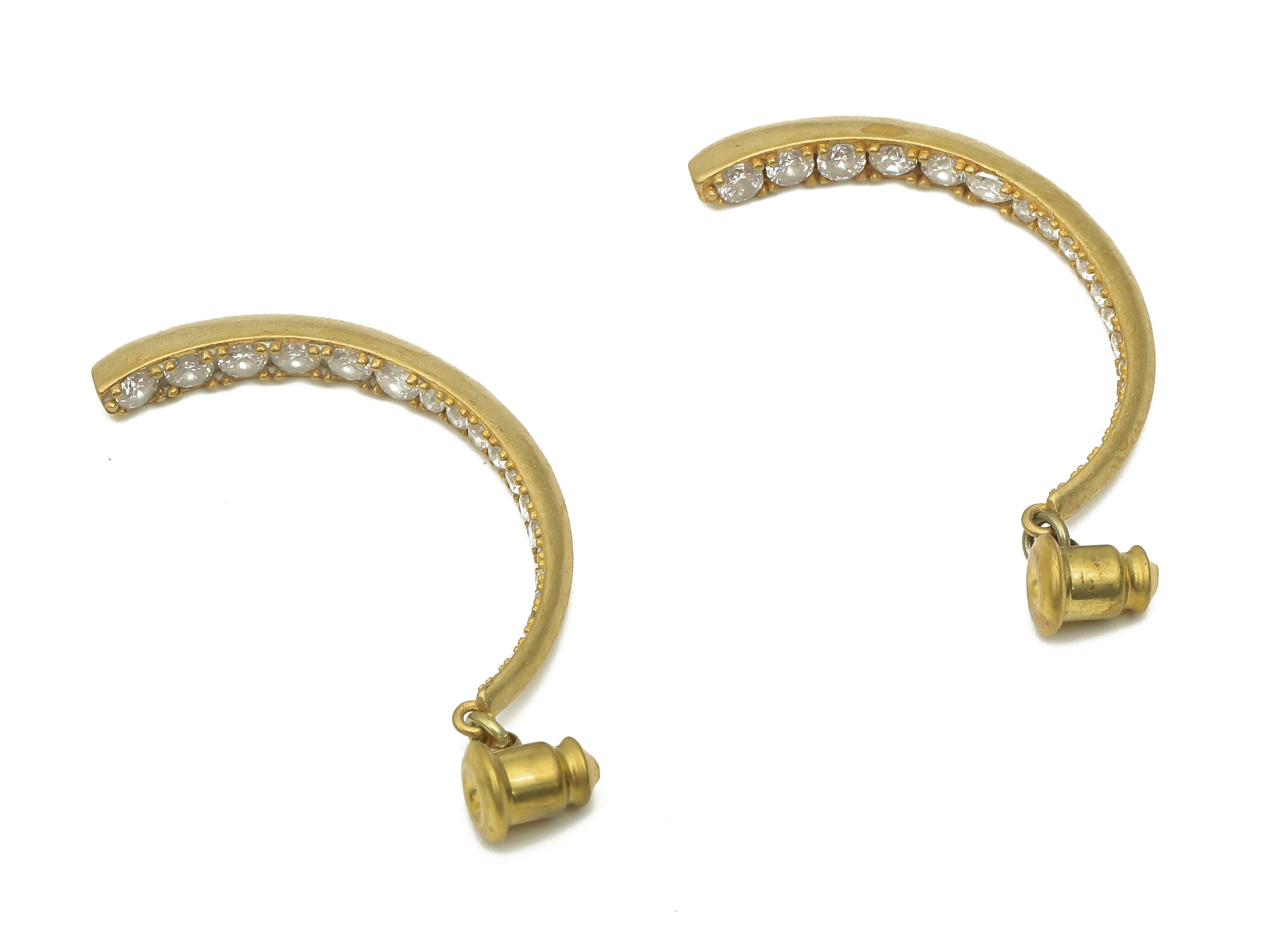 Brass C Crescent Earring - Raw Brass Earring with Stopper - Crescent Earring Back Zircon - 38.52x3.81x3.26mm - PP7874 - DOMEDBAZAAR