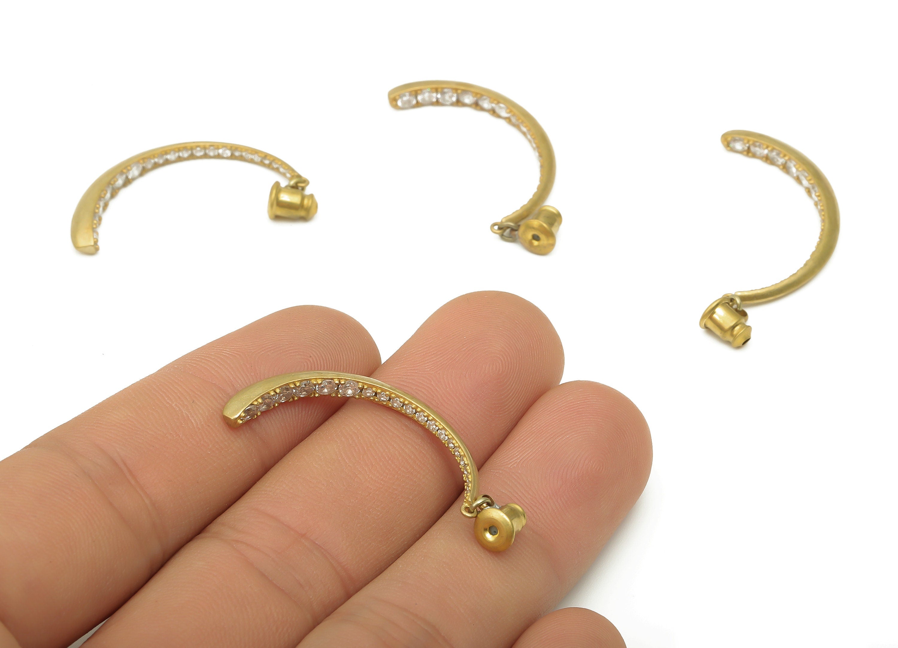 Brass C Crescent Earring - Raw Brass Earring with Stopper - Crescent Earring Back Zircon - 38.52x3.81x3.26mm - PP7874 - DOMEDBAZAAR