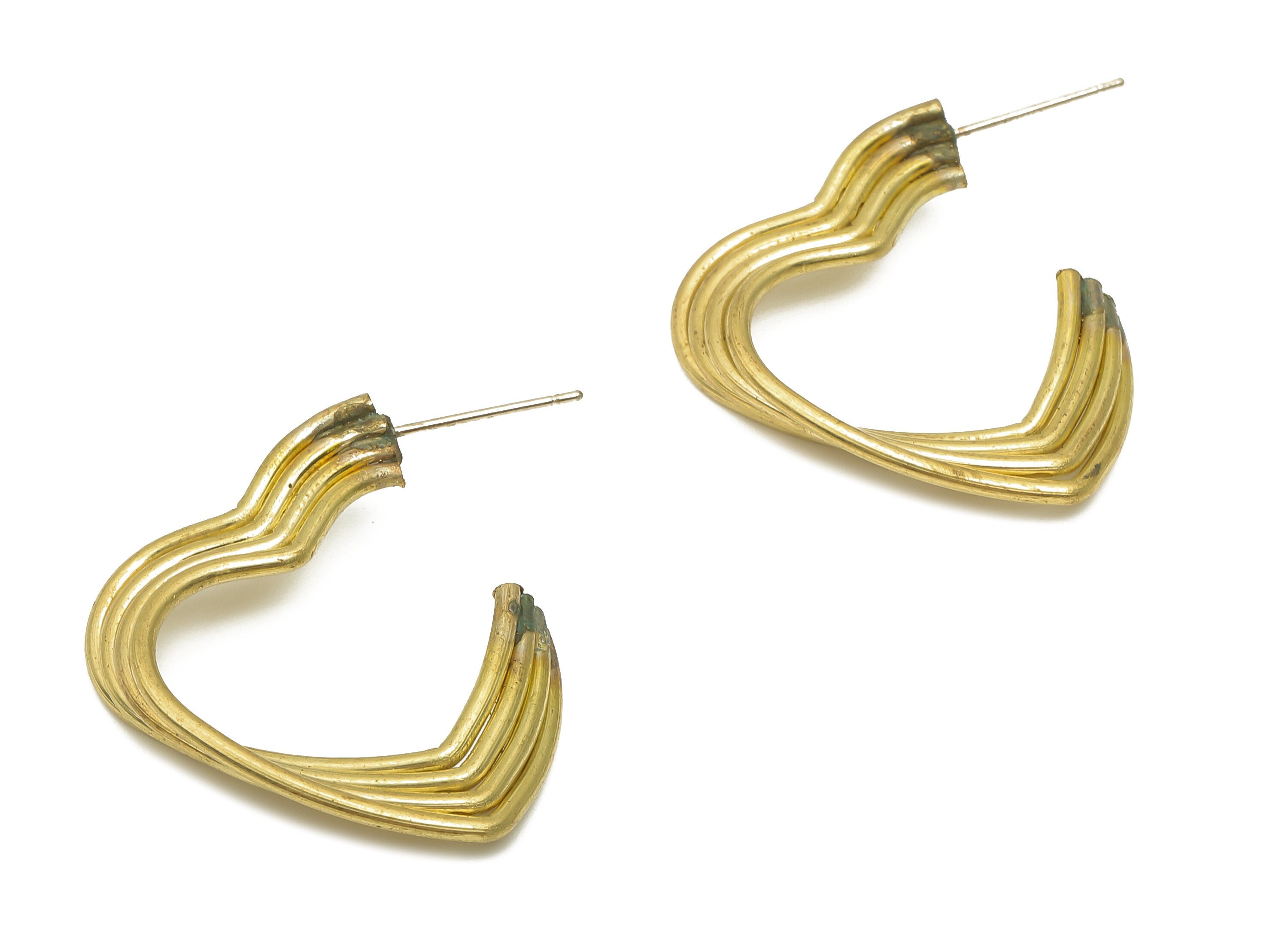 Brass Heart Earrings Post - Raw Brass Heart Earring Studs - Open Heart Earring Hoop - 925 Silver Stud - 29.96x28.4x1.64mm - PP7879 - DOMEDBAZAAR