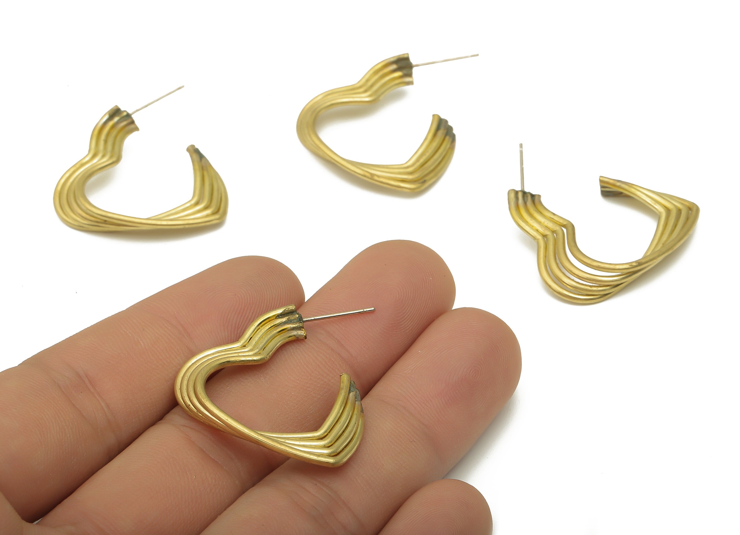 Brass Heart Earrings Post - Raw Brass Heart Earring Studs - Open Heart Earring Hoop - 925 Silver Stud - 29.96x28.4x1.64mm - PP7879 - DOMEDBAZAAR