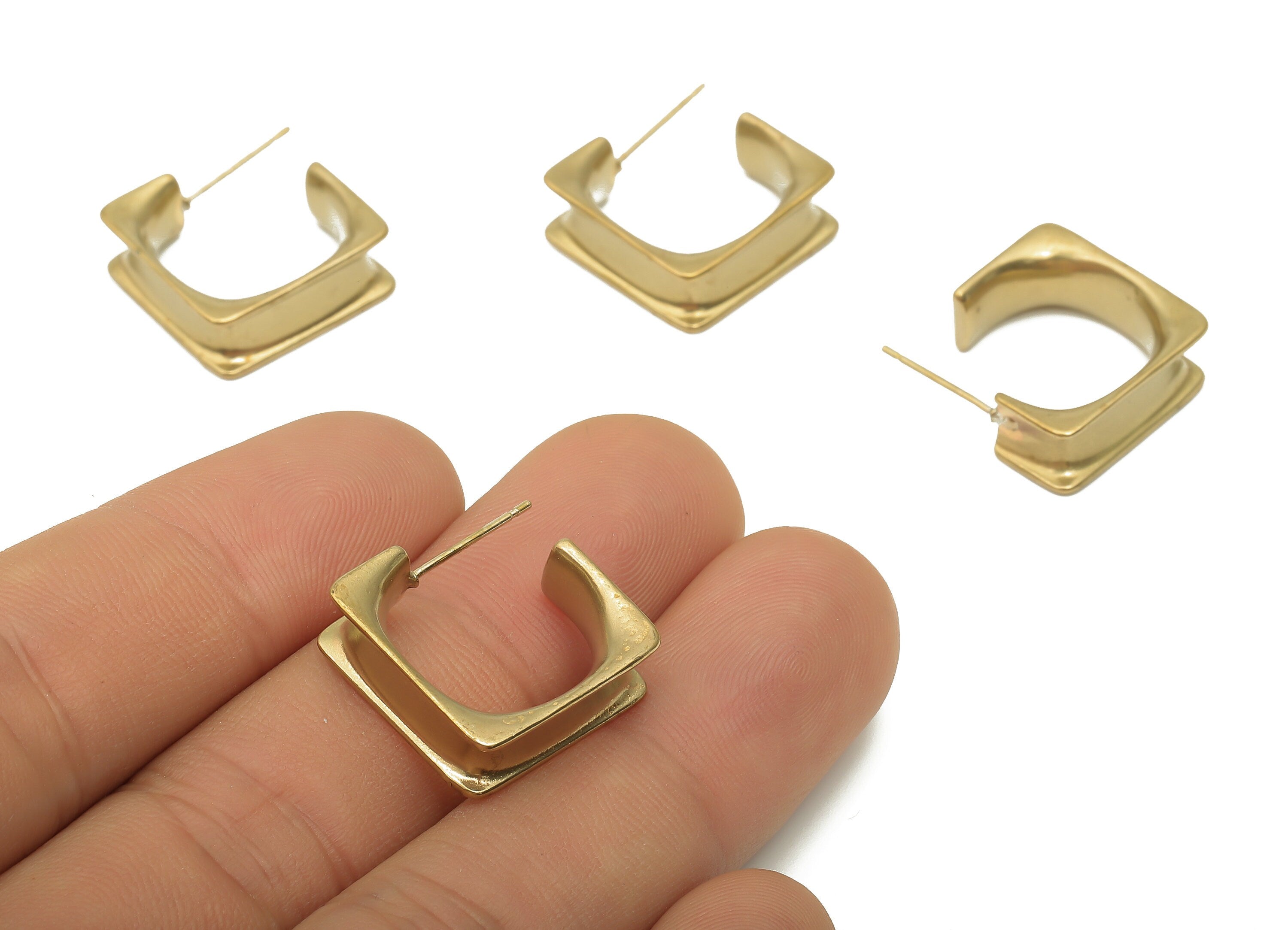 Brass Thick Square Hoop Earrings - Raw Brass Minimalist Stud Earrings - Geometric Earring - 925 Silver Stud - 18.1x18.02x1.4mm - PP7885 - DOMEDBAZAAR