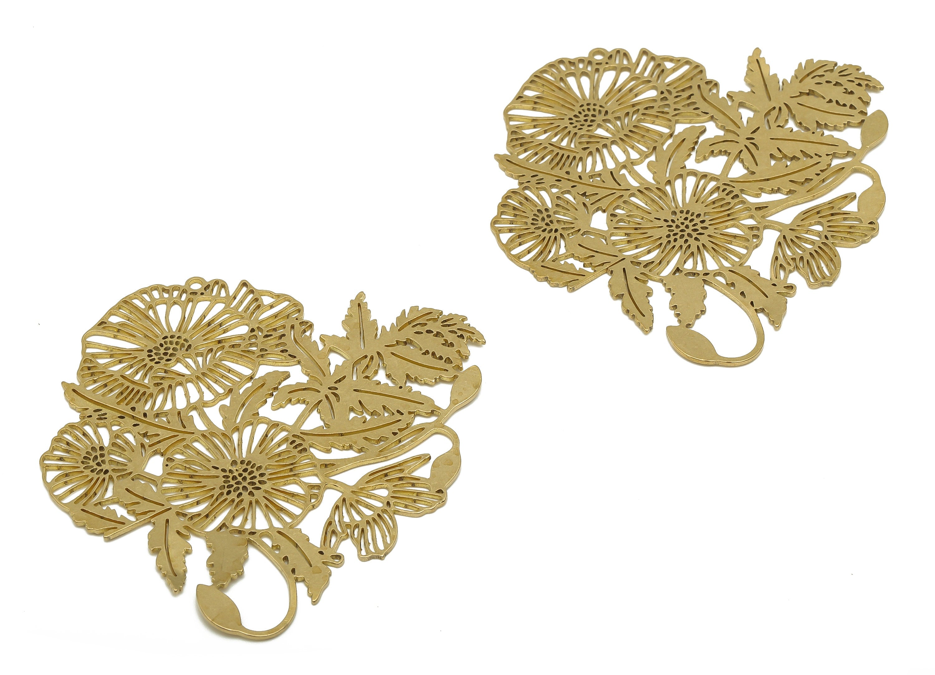 Brass Flower Earrings Charms - Raw Brass Filigree Flower Botanic Cutout Charms - Laser Cut Jewelry - 52.63x49.17x0.64mm - PP7887 - DOMEDBAZAAR