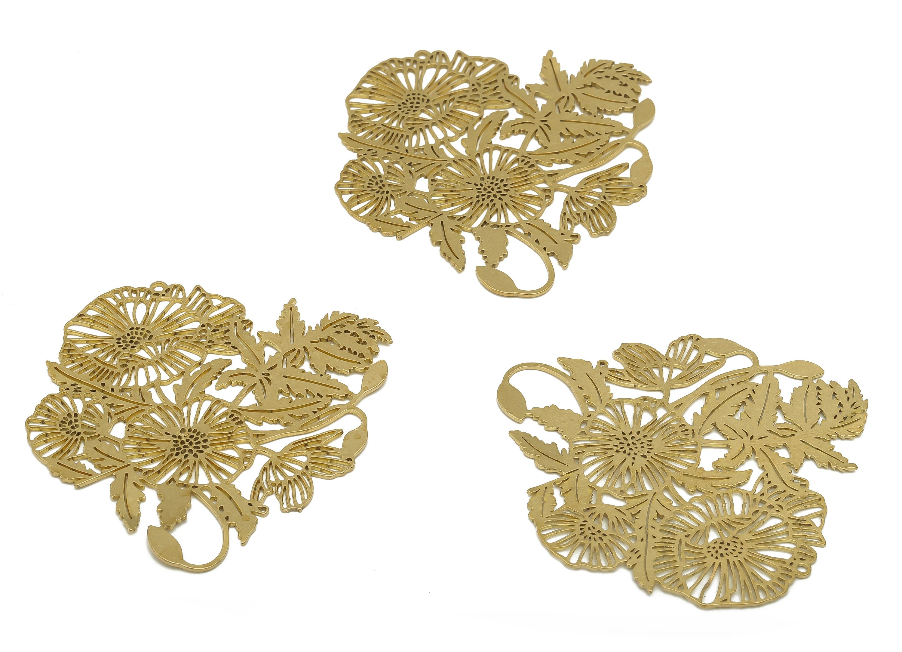 Brass Flower Earrings Charms - Raw Brass Filigree Flower Botanic Cutout Charms - Laser Cut Jewelry - 52.63x49.17x0.64mm - PP7887 - DOMEDBAZAAR