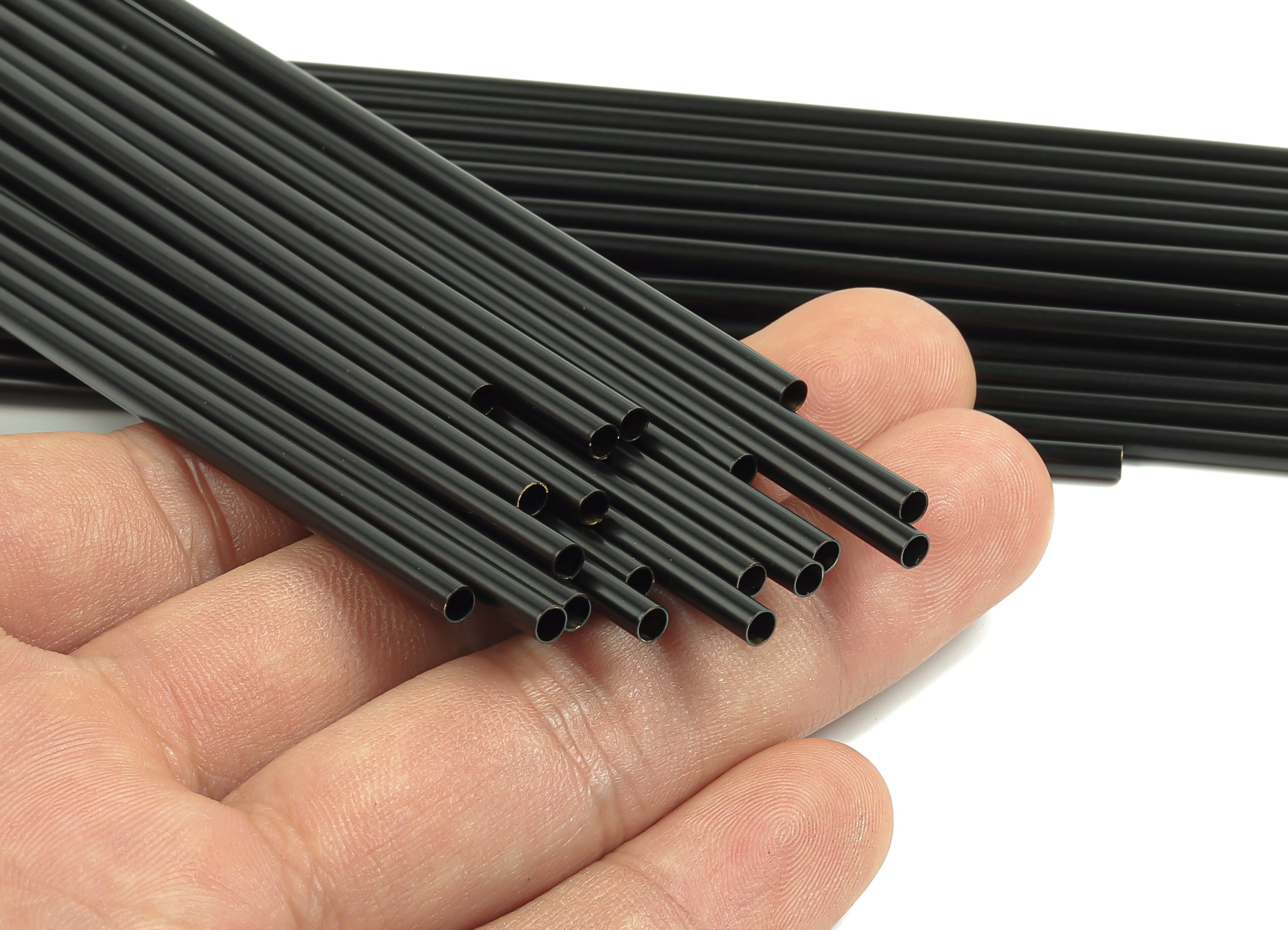 Matte Black Himmeli Tubes - Raw Brass Round Himmeli DIY Tube Beads - Circle Pipes for Geometric - For Air Plants -3x0.2x140mm- PP4570B-140 - DOMEDBAZAAR
