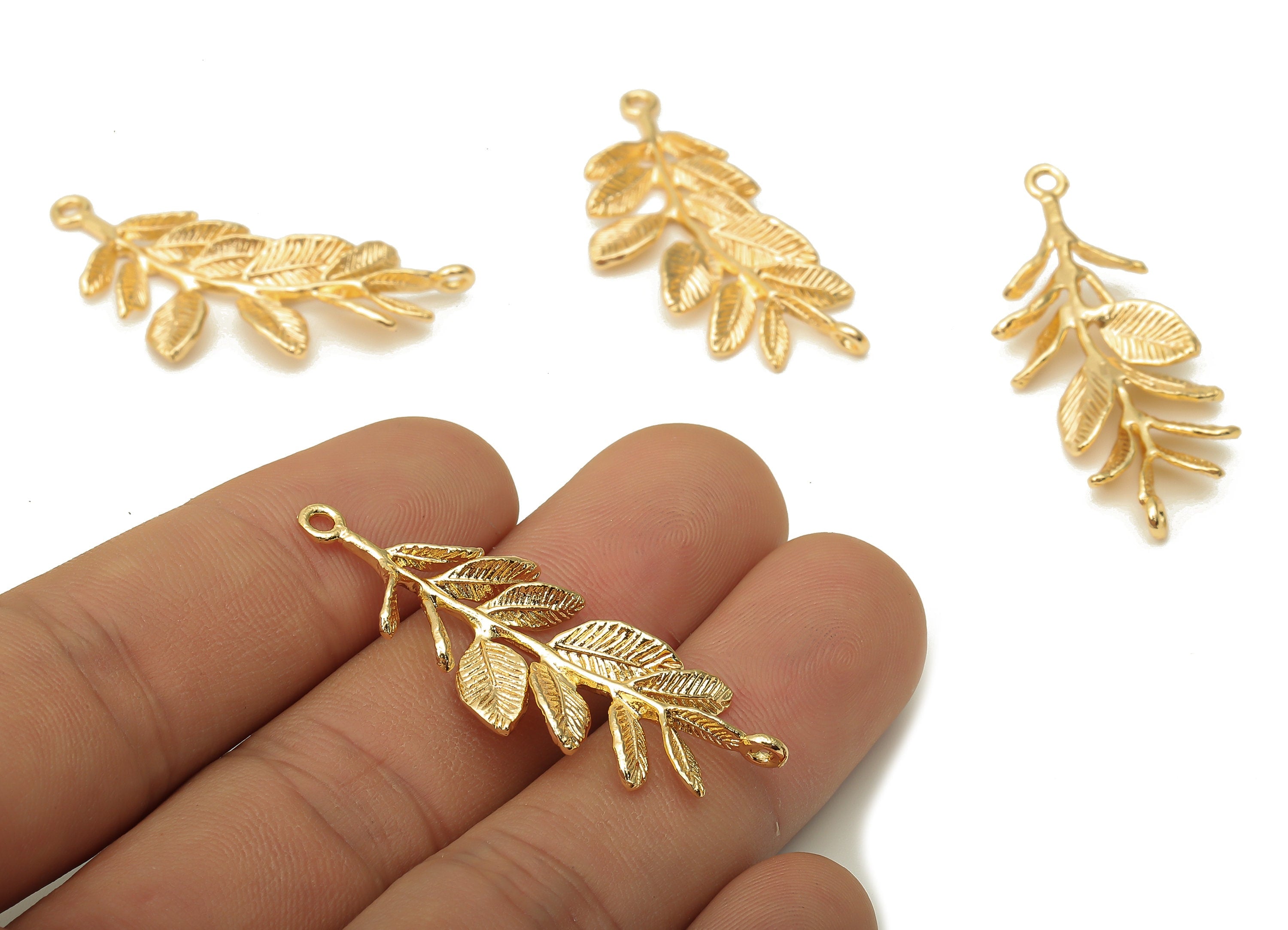 Brass Leaves Earring Charms - Gold Plated leaves Pendant - 18K Real Gold Plated Brass - Brass Long Branch Pendant - 43x16.3x2.92mm - RGP5048 - DOMEDBAZAAR