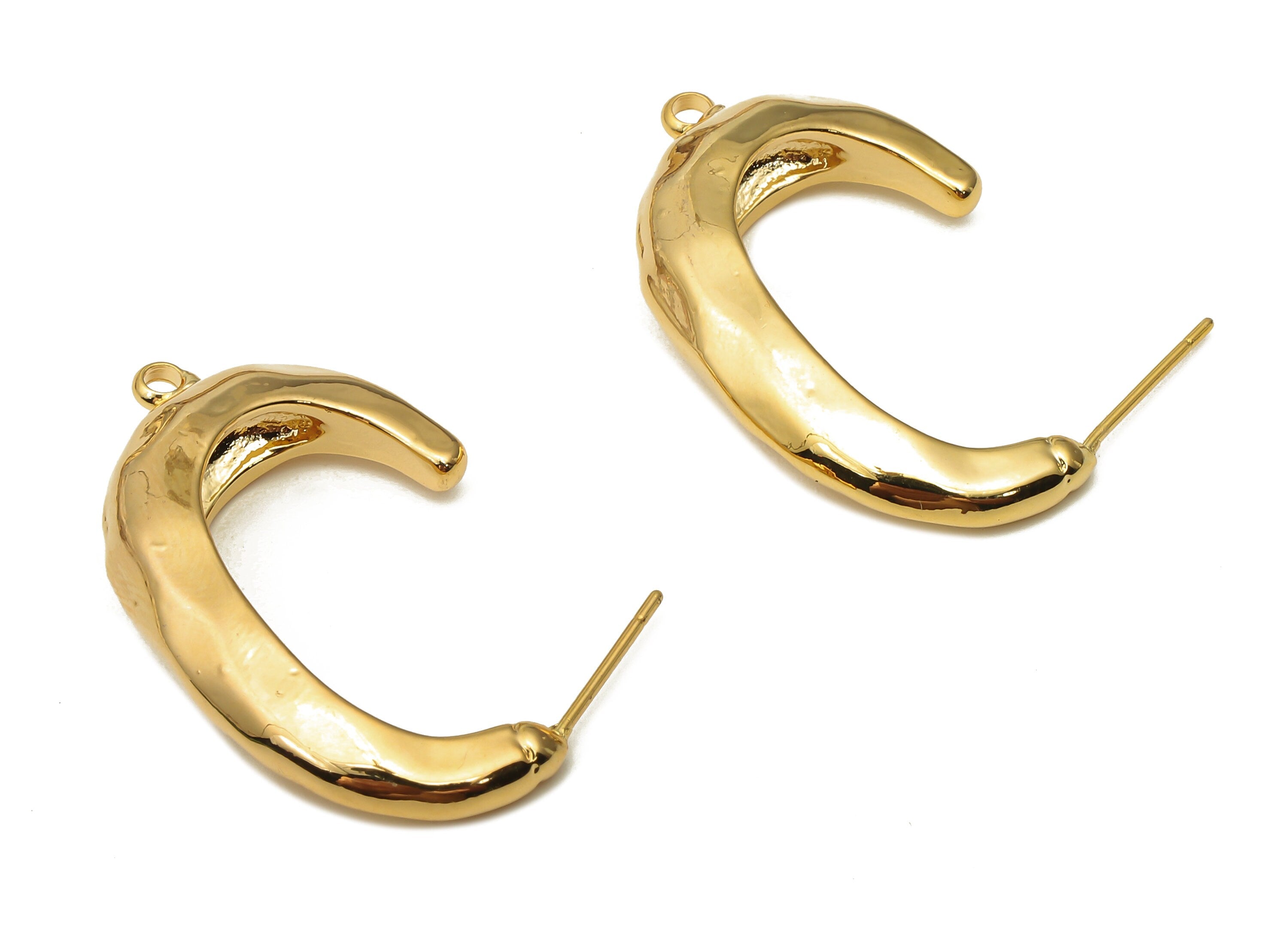 Brass Oval Earrings Post - Thick Hammered Earring With Loop -  Stainless Steel C Stud - 18K Real Gold Plating -31.22x18.92x6.37mm - RGP5052 - DOMEDBAZAAR