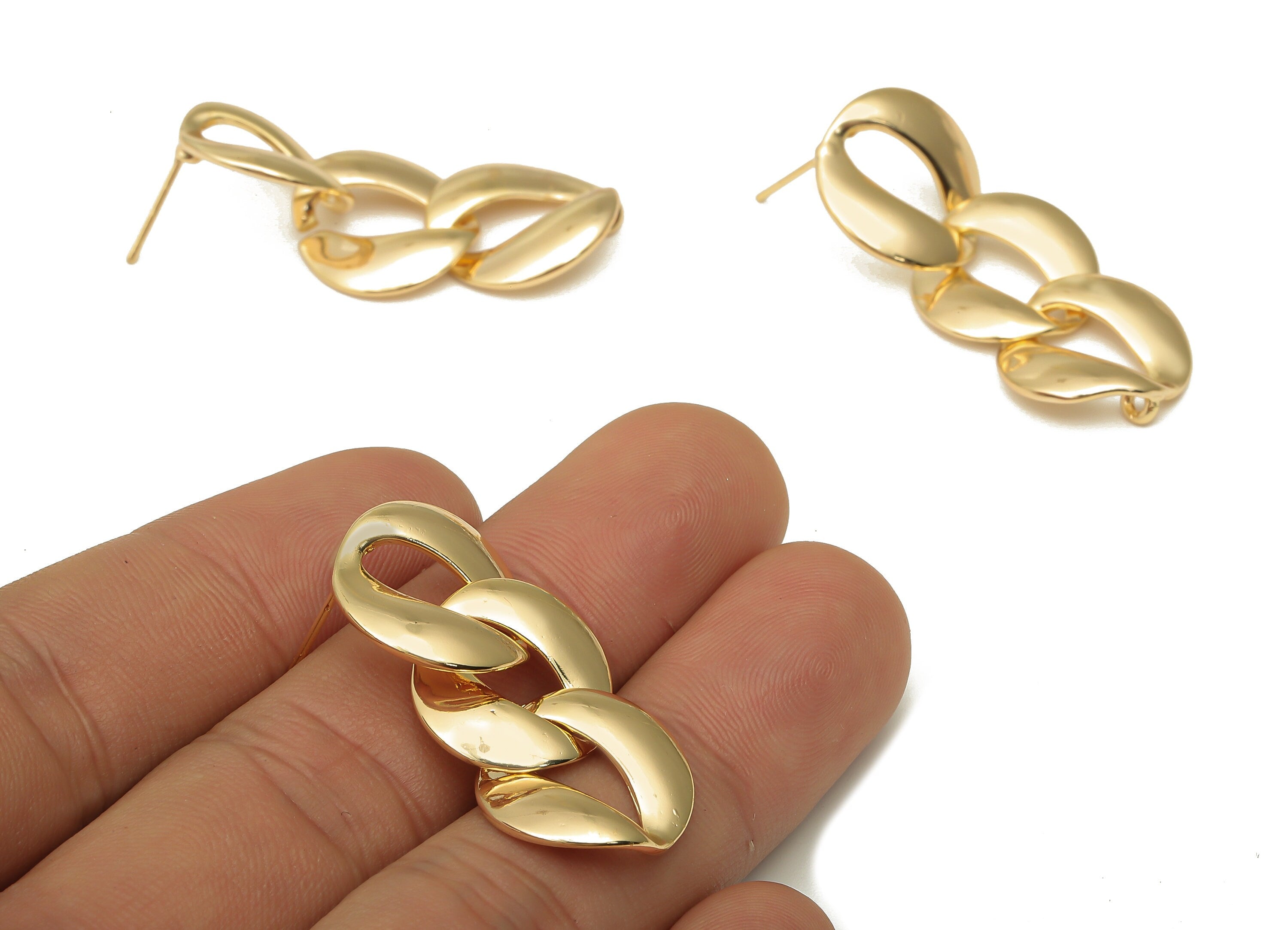 Brass Chain Earrings Stud - Stainless Steel Stud - 18K Real Gold Plated Brass - Hanging Chain Earring Post - 39.45x16.94x1.55mm - RGP5058 - DOMEDBAZAAR