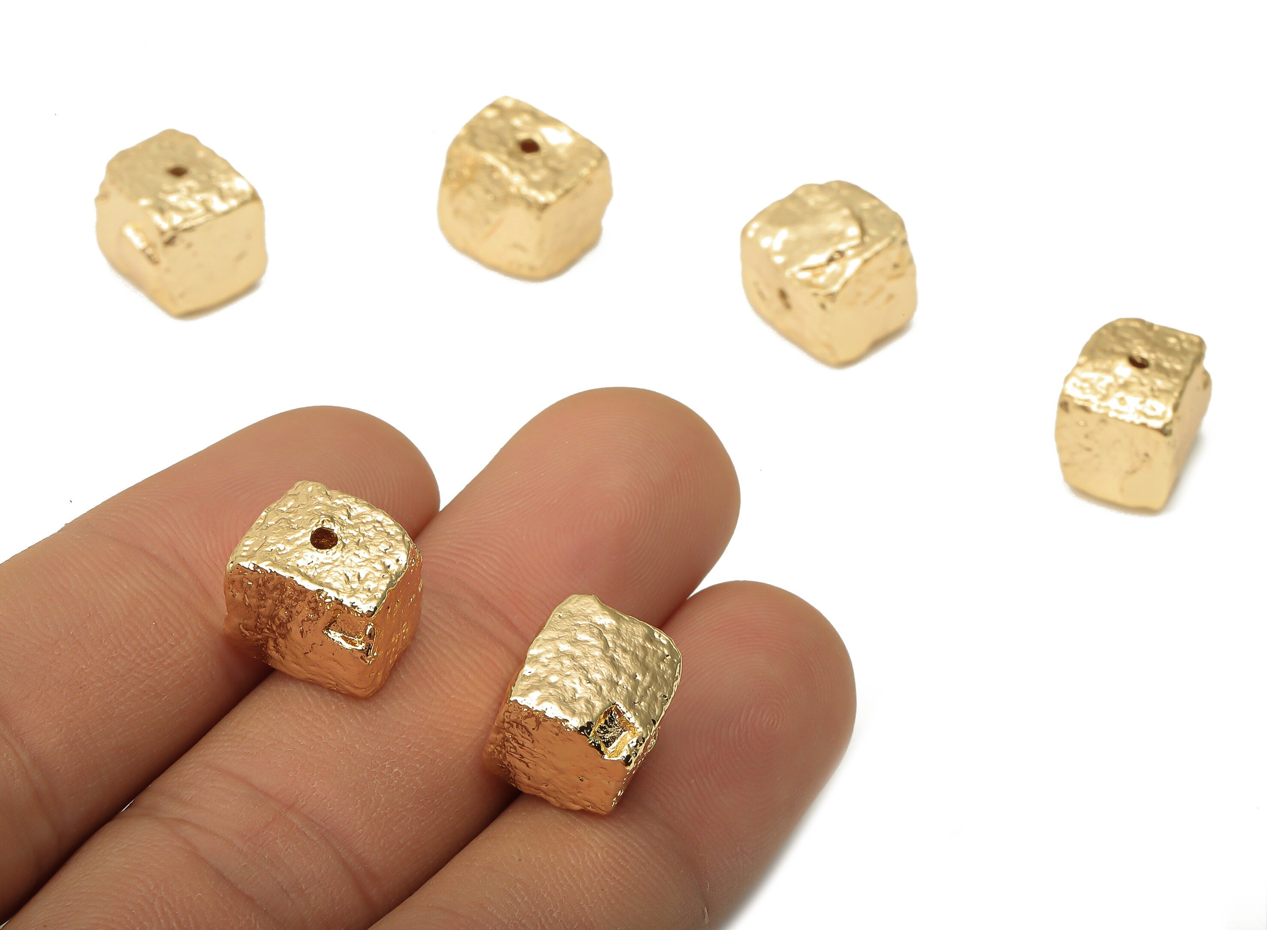 Brass Cubic Earring Beads - Brass Dainty Cubic Beads - Brass Hammered Cube Beads - 18K Real Gold Plating Beads - 11.78x10.2x9.7mm - RGP5059 - DOMEDBAZAAR