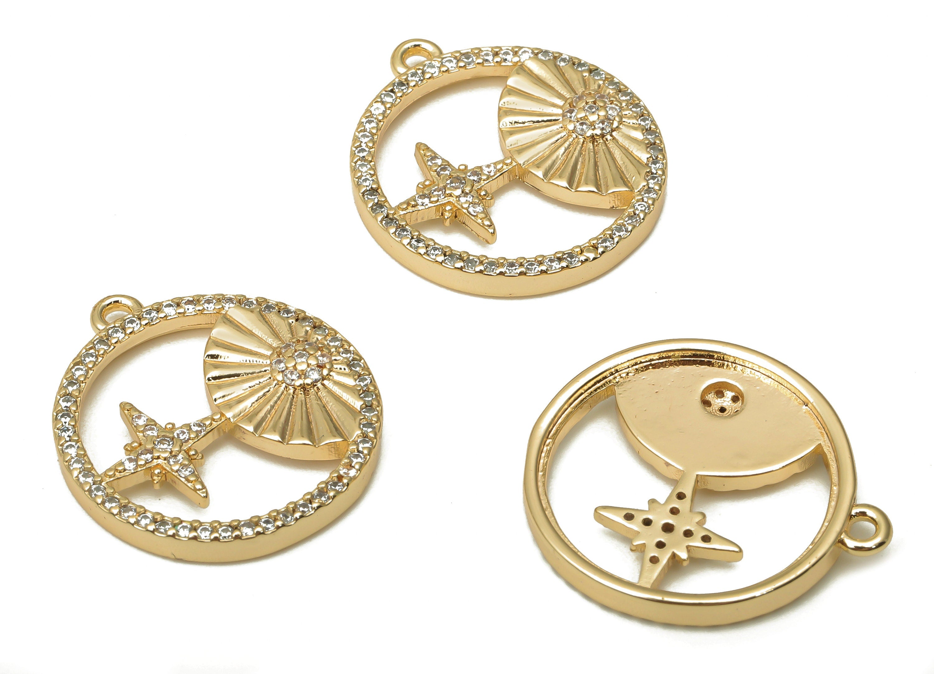 Brass Round Earrings With Zircon - Brass Half Sun Pendant - North Star Hoop Earring - 18K Real Gold Plating - 22.33x19.58x2.54mm - RGP5065 - DOMEDBAZAAR