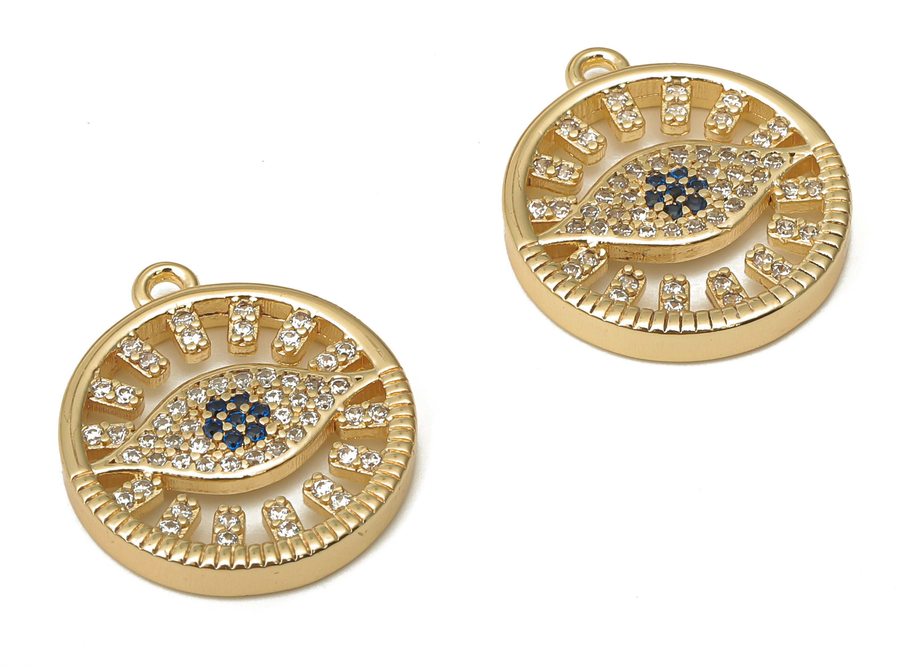 Brass Round Eye Earring Charms - Brass Circle Eye Pendant With Zircon - Brass Pendant - 18K Real Gold Plated - 20.45x17.8x2.66mm - RGP5071 - DOMEDBAZAAR