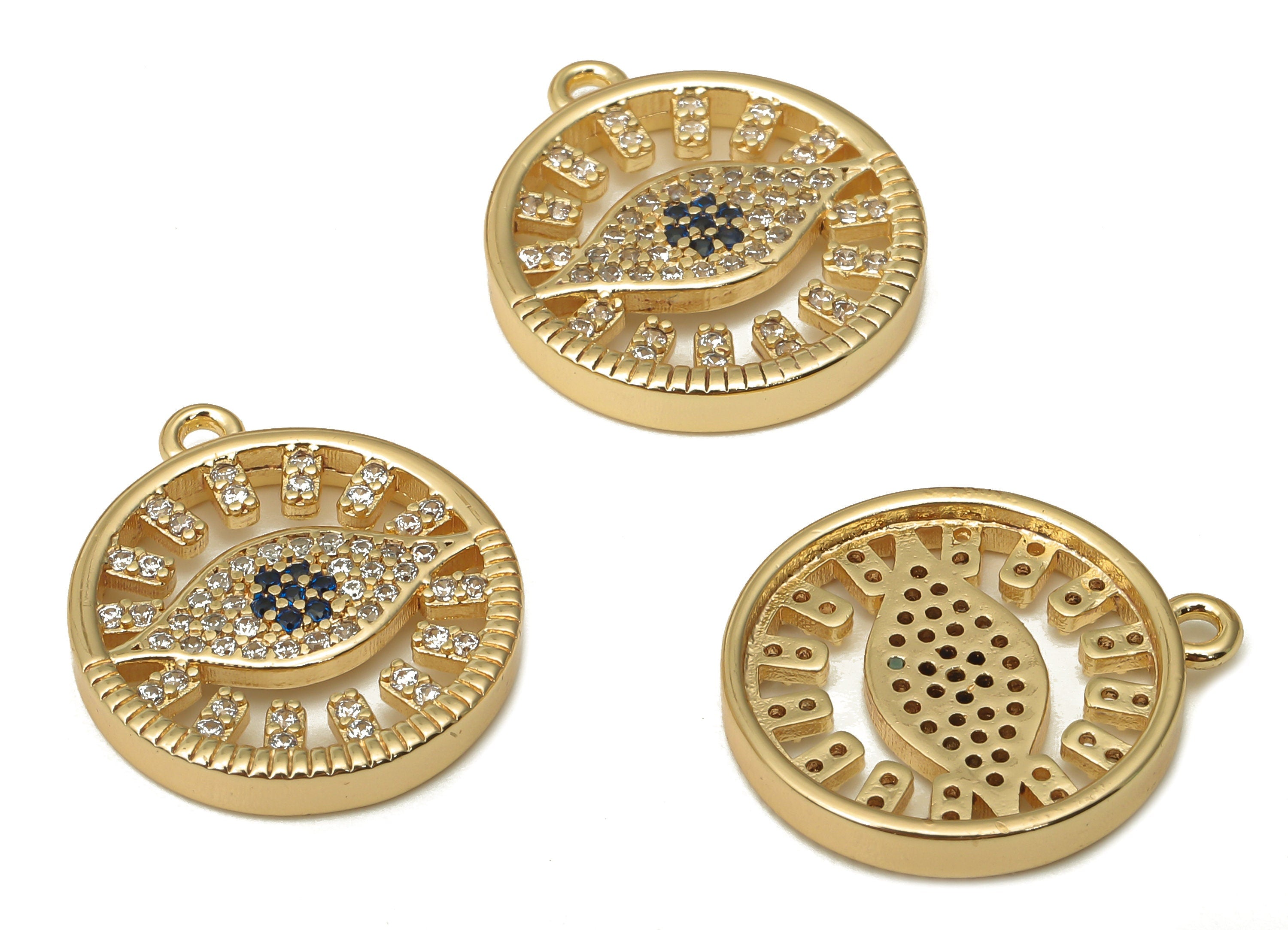 Brass Round Eye Earring Charms - Brass Circle Eye Pendant With Zircon - Brass Pendant - 18K Real Gold Plated - 20.45x17.8x2.66mm - RGP5071 - DOMEDBAZAAR
