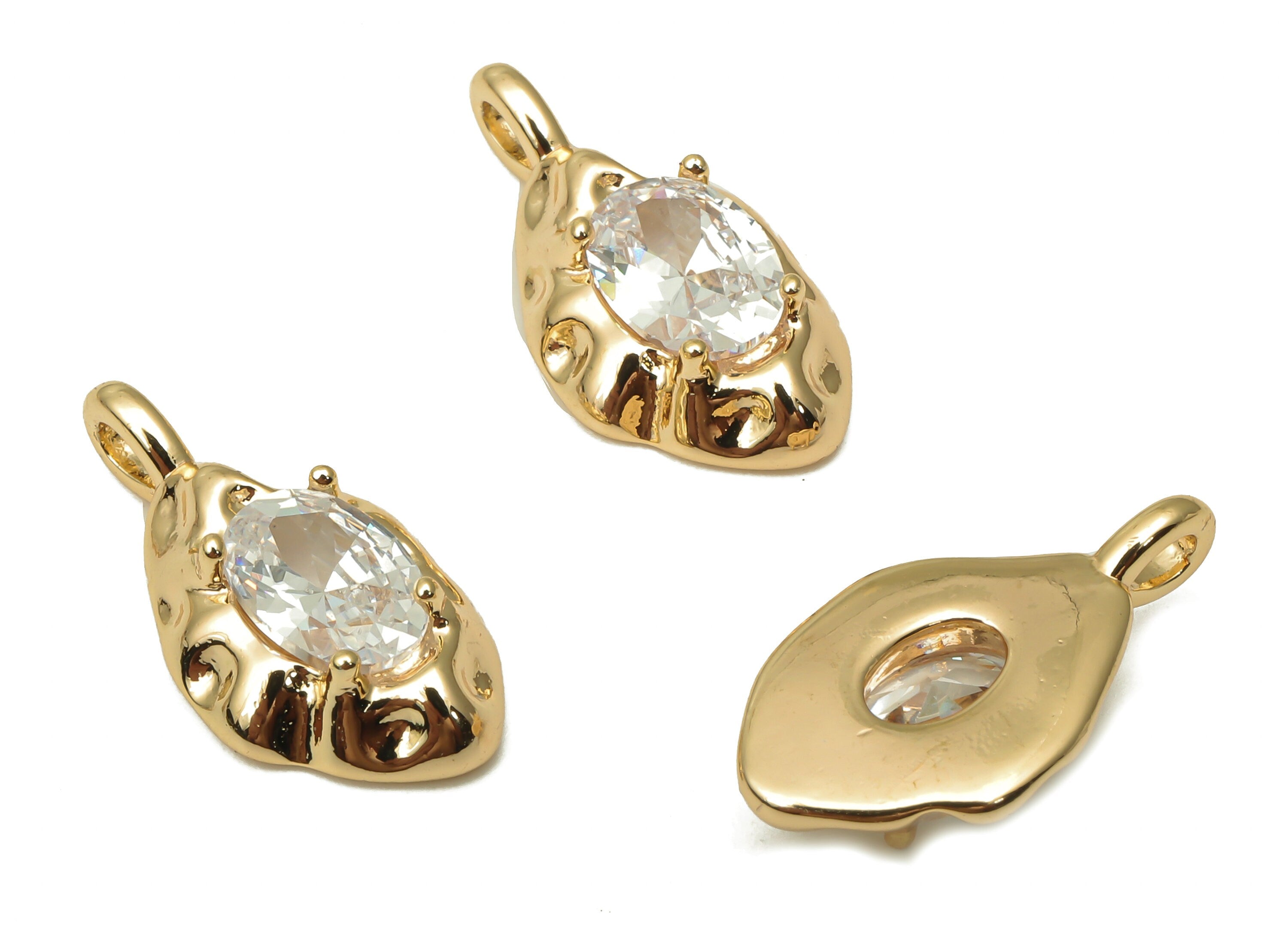 Brass Oval Earring Charm - Brass Oval Pendant with Zircon - For Necklace - 18K Real Gold Plated - 20.23x10.32x4.77mm - RGP5077 - DOMEDBAZAAR