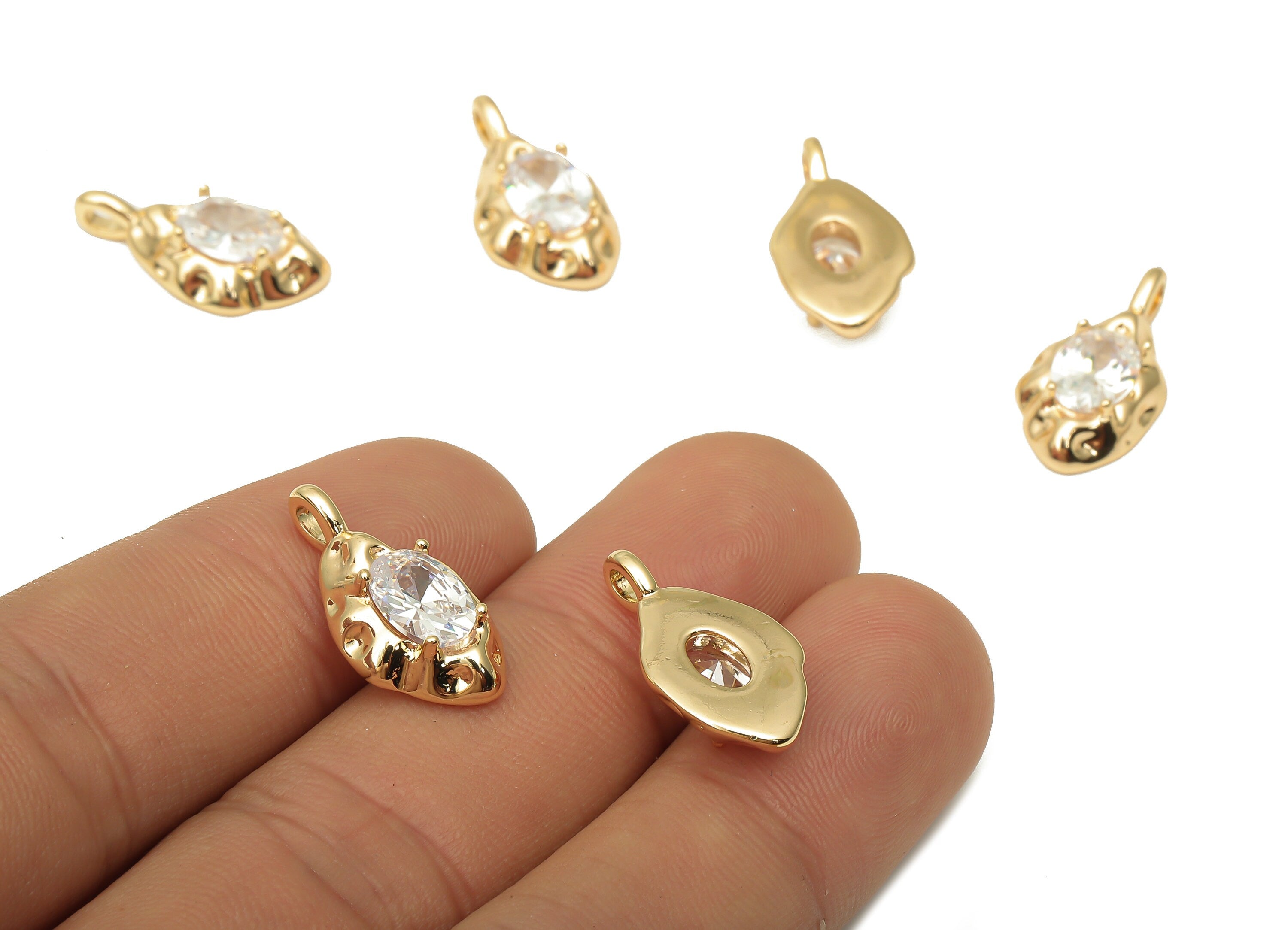 Brass Oval Earring Charm - Brass Oval Pendant with Zircon - For Necklace - 18K Real Gold Plated - 20.23x10.32x4.77mm - RGP5077 - DOMEDBAZAAR