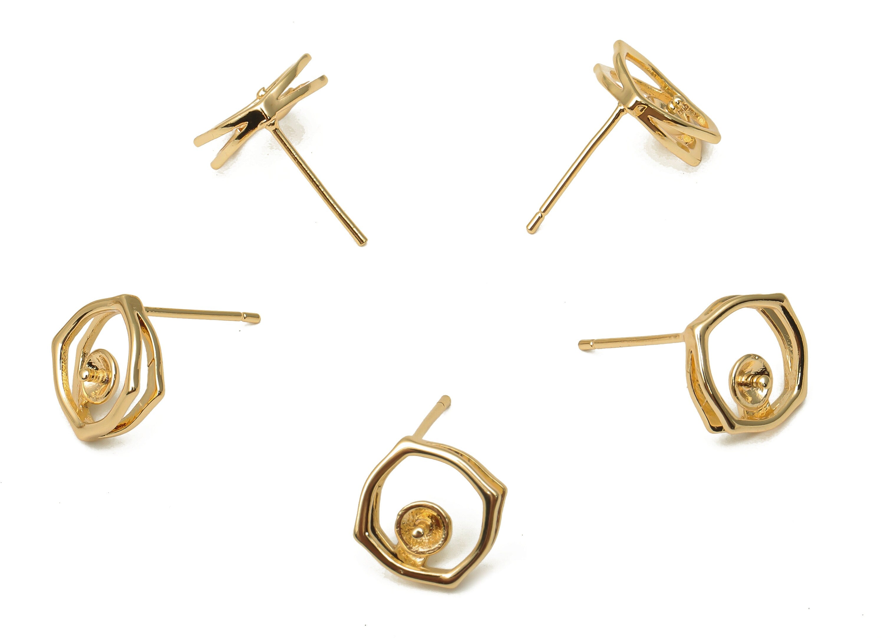 Brass Silver Earrings Stud - Brass Octagon Earring Post For Pearl - 925 Brass Silver Stud -18K Real Gold Plating - 11.1x9.97x1.7mm - RGP5084 - DOMEDBAZAAR