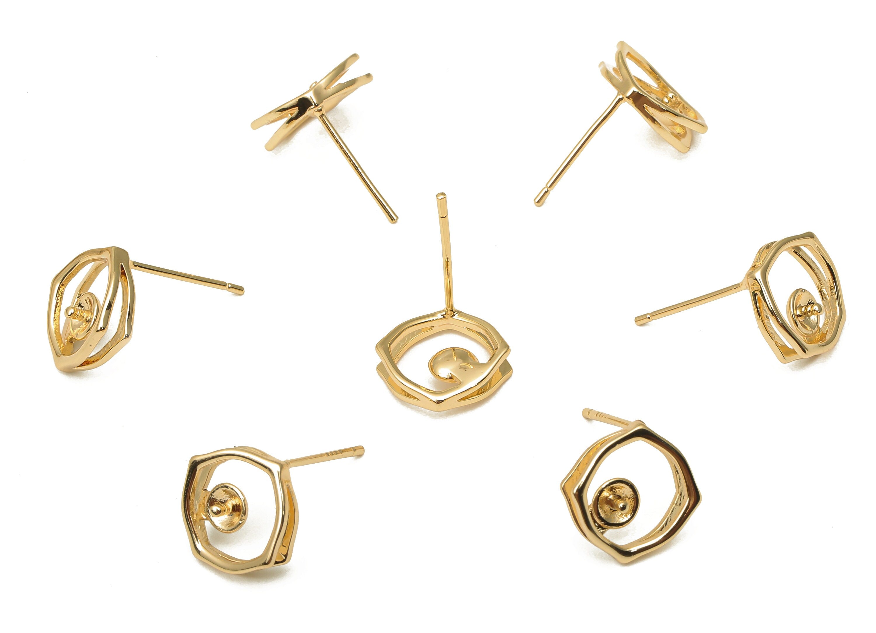 Brass Silver Earrings Stud - Brass Octagon Earring Post For Pearl - 925 Brass Silver Stud -18K Real Gold Plating - 11.1x9.97x1.7mm - RGP5084 - DOMEDBAZAAR