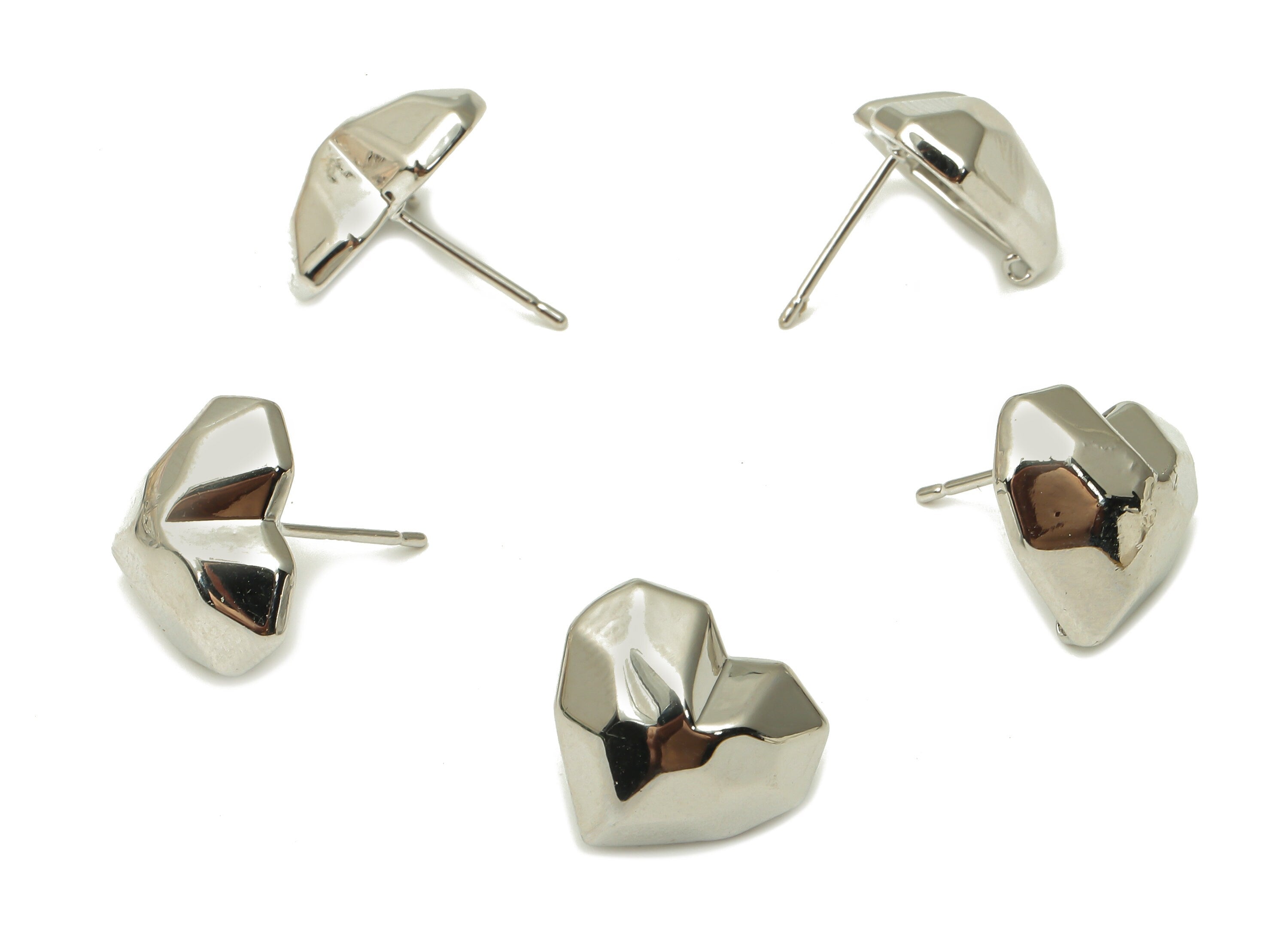 Brass Heart Earring Posts - 925 Silver Stud -Brass Faceted Heart Earring Stud - 18K Real Gold White Plating -16.02x15.5x0.94mm - RGP5111S - DOMEDBAZAAR