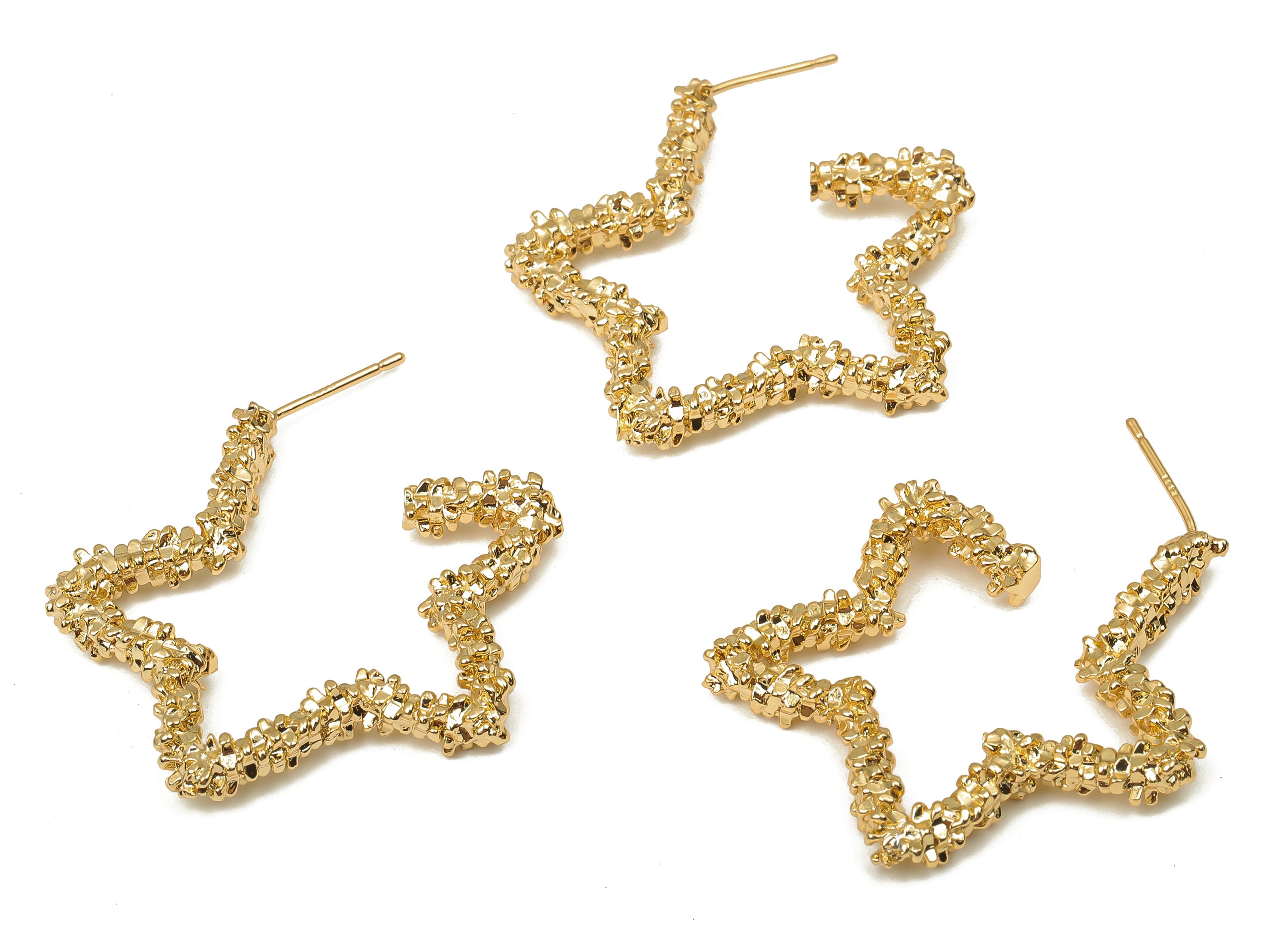 Brass Star Earring Posts - 925 Silver Stud - Brass Gold Open Star Hoop Earring Stud - 18K Real Gold Plating - 37.55x33.92x4.11mm - RGP5115 - DOMEDBAZAAR