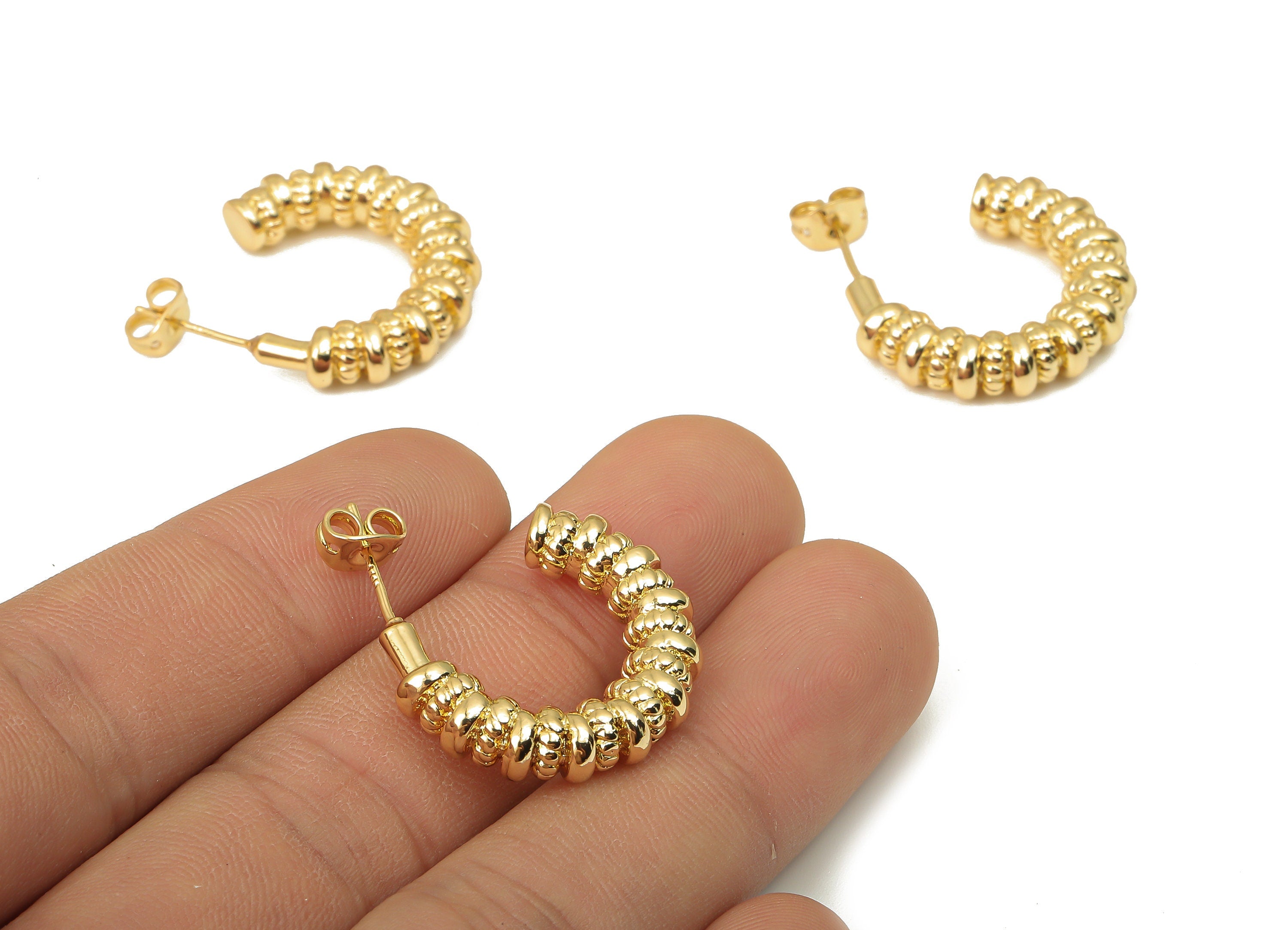 Brass C Earring Posts - Brass C Open Hoop Earring Stud - 925 Silver Stud - 18K Real Gold Plated Brass - 24.9x18.45x5.42mm - RGP5117 - DOMEDBAZAAR