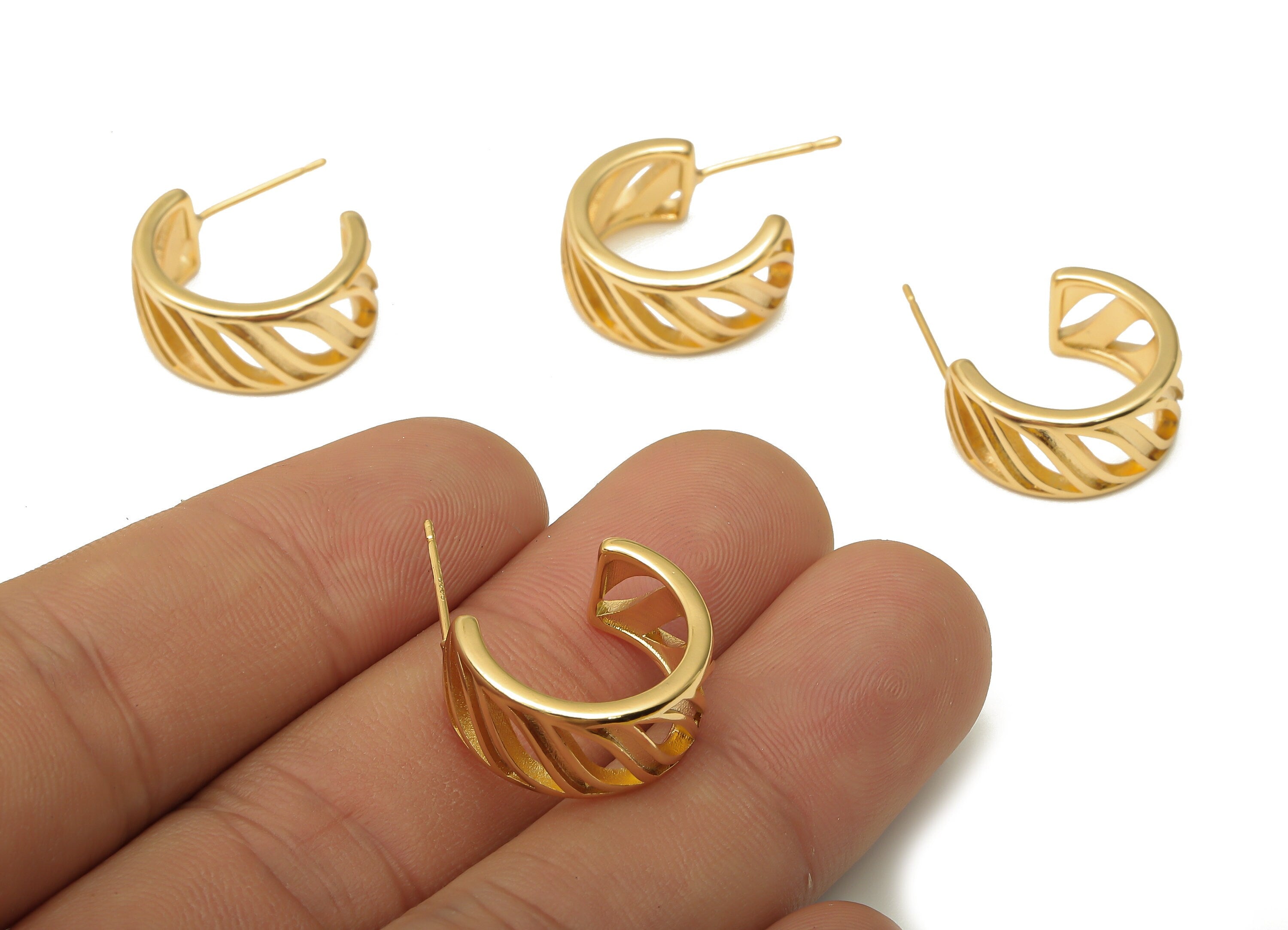 Brass Round Stud Earrings - Circle Gold Thick Earring Hoop - Brass 925 Silver Stud - 18K Real Gold Plating Post - 18.23x15.3x2.1mm - RGP5122 - DOMEDBAZAAR