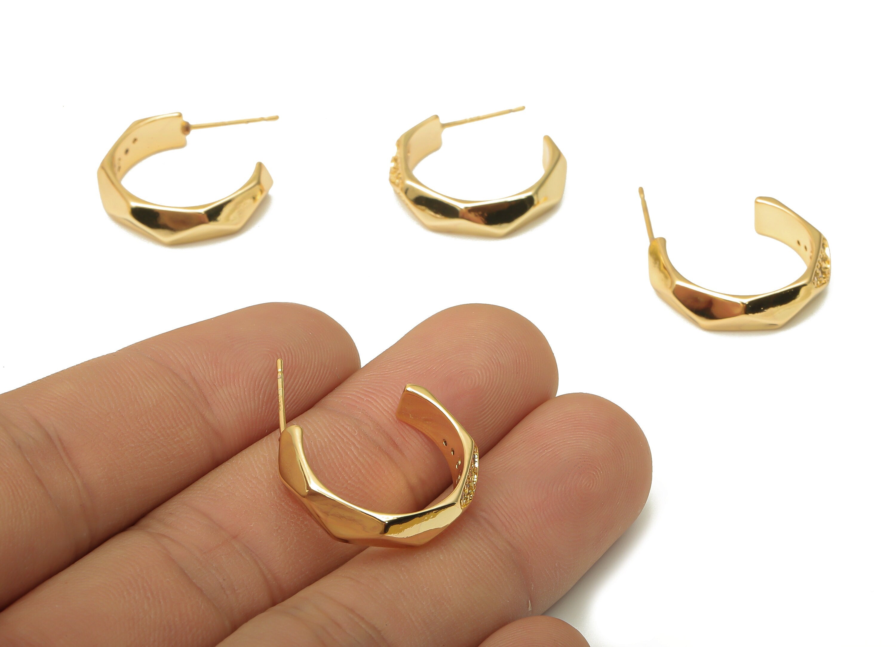 Brass C Earring Stud with Zircon - 925 Silver Stud - Faceted Open Hoop Earring Post - 18K Real Gold Plating - 21.4x17.63x2.05mm - RGP5123 - DOMEDBAZAAR