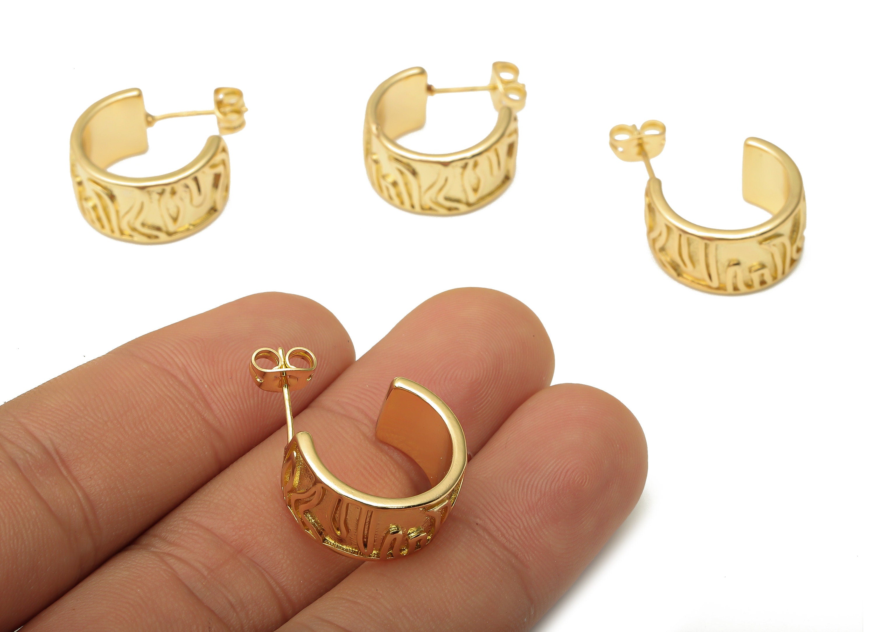 Brass Round Stud Earrings - Circle C Thick Open Hoop Earring Post - 925 Silver Stud - 18K Real Gold Plated Brass - 17.97x15.14x2mm - RGP5126 - DOMEDBAZAAR