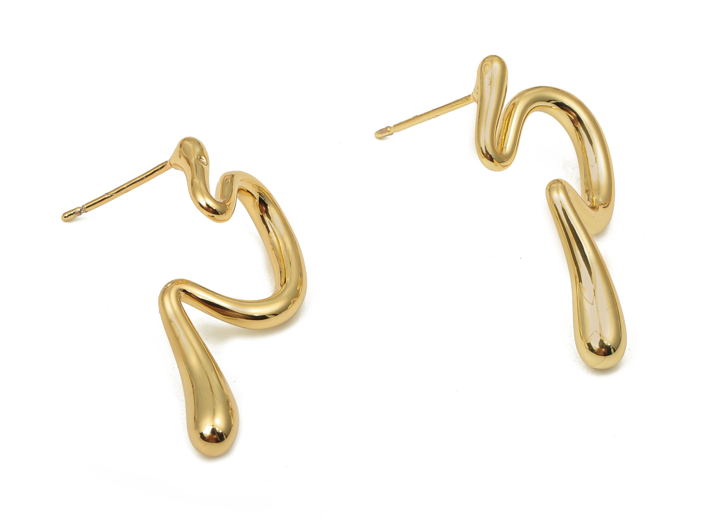Brass Irregular Curved Earrings - Brass Snake Earrings - 18K Real Gold Plated Brass - 925 Silver Stud - 29.63x15.47x2.86mm - RGP5131 - DOMEDBAZAAR
