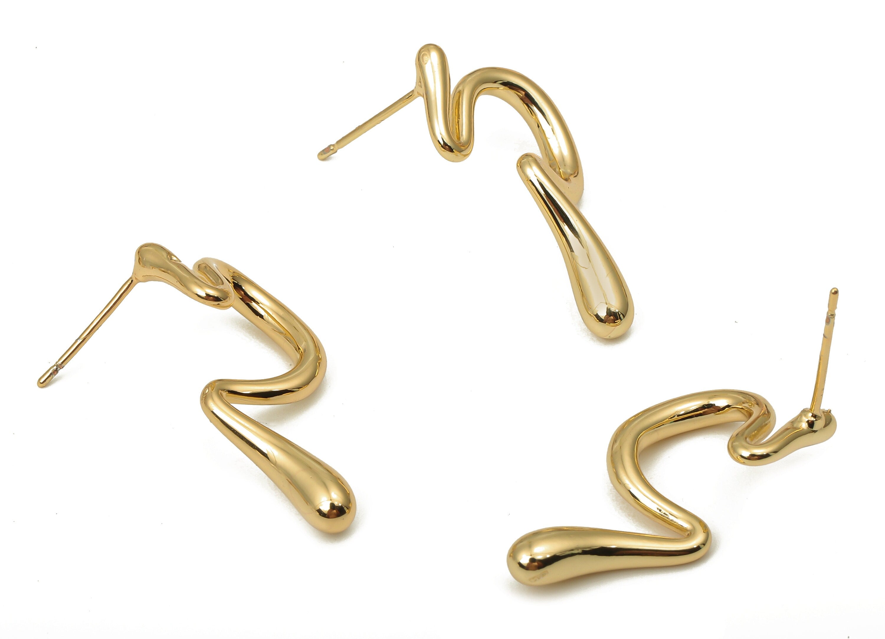 Brass Irregular Curved Earrings - Brass Snake Earrings - 18K Real Gold Plated Brass - 925 Silver Stud - 29.63x15.47x2.86mm - RGP5131 - DOMEDBAZAAR