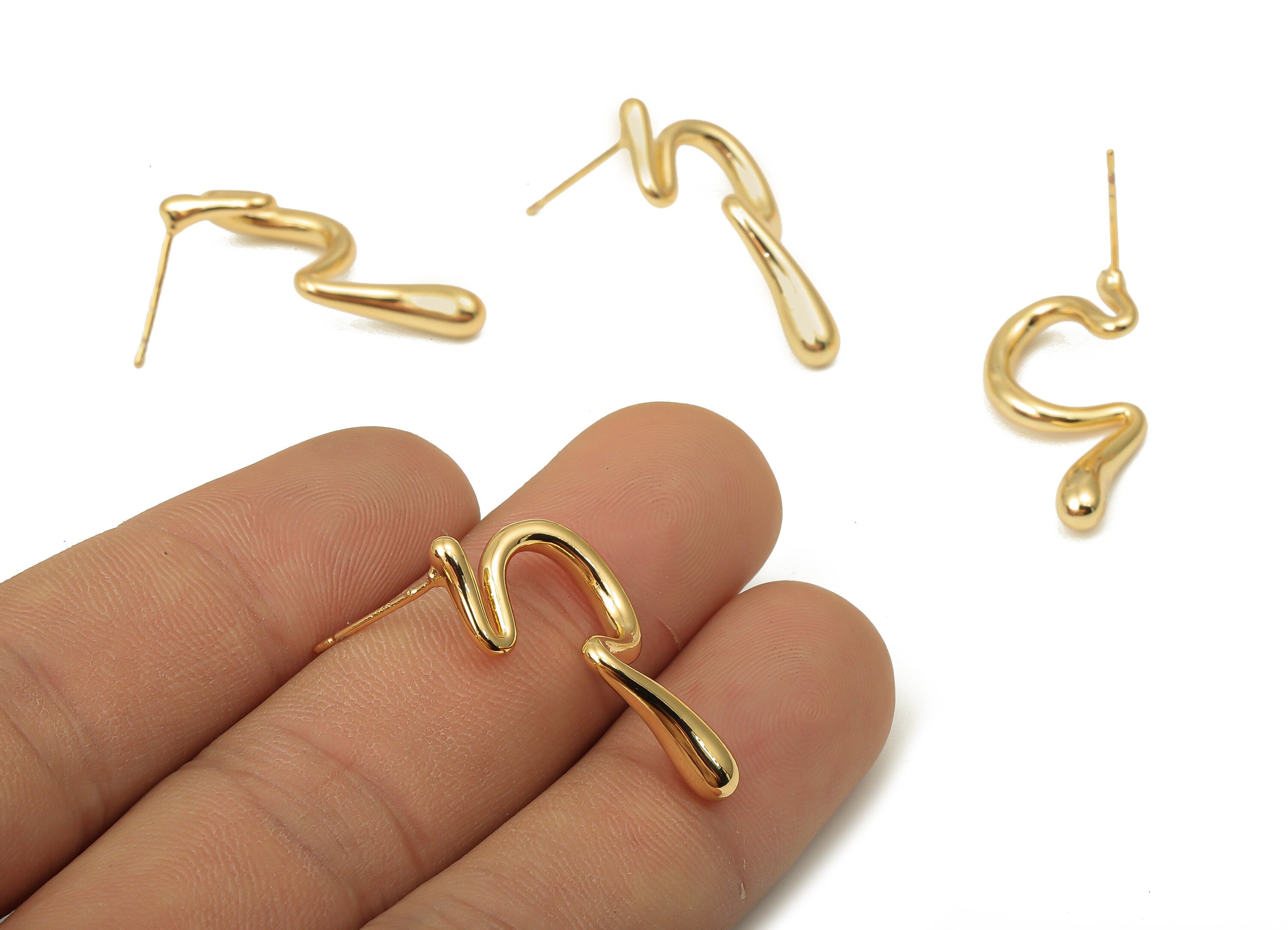 Brass Irregular Curved Earrings - Brass Snake Earrings - 18K Real Gold Plated Brass - 925 Silver Stud - 29.63x15.47x2.86mm - RGP5131 - DOMEDBAZAAR