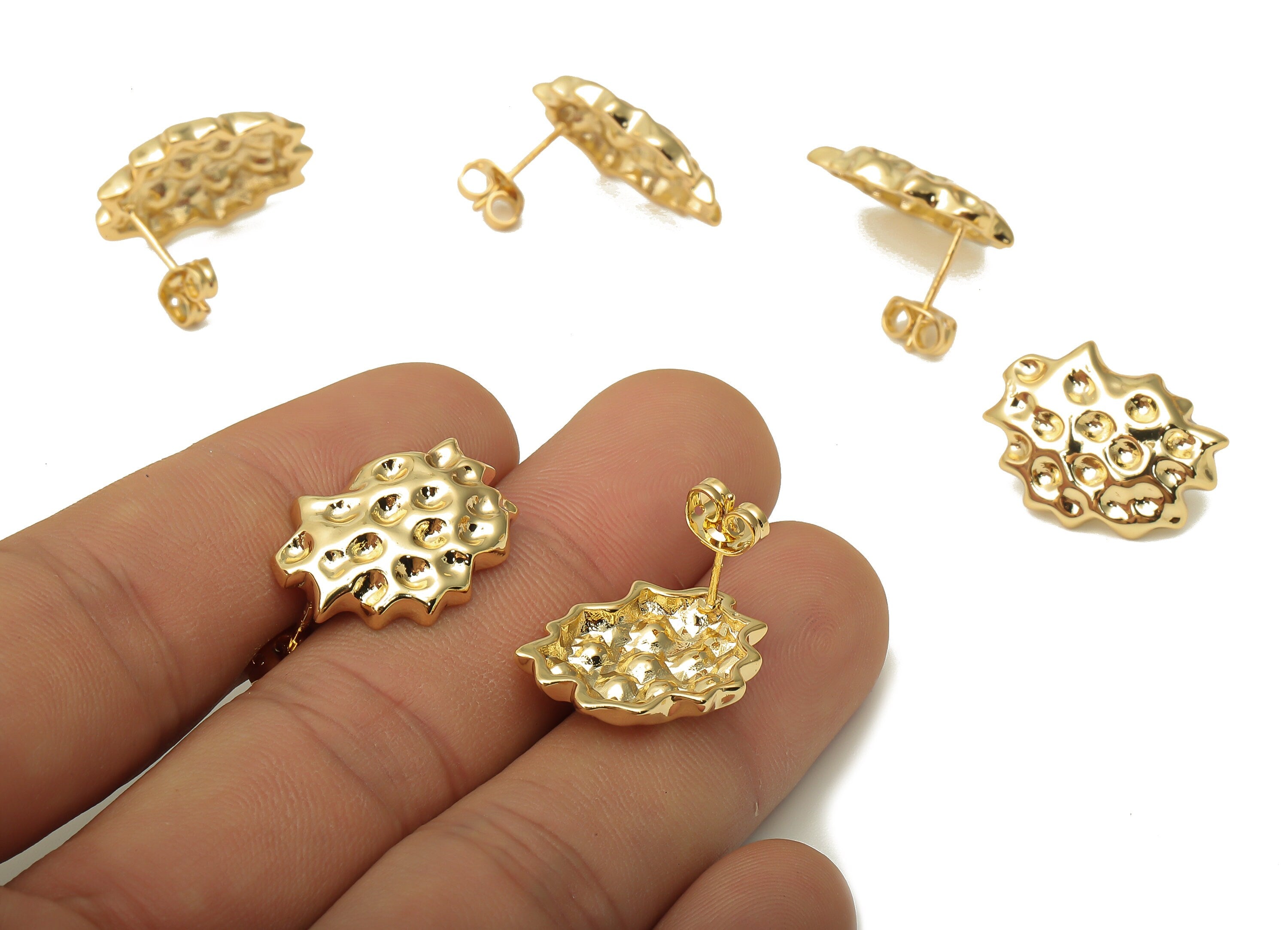 Brass Dainty Earrings Studs - Brass Earrings - 925 Silver Stud - 18K Real Gold Plated Brass - 20.87x15.97x2.4mm - RGP5132 - DOMEDBAZAAR