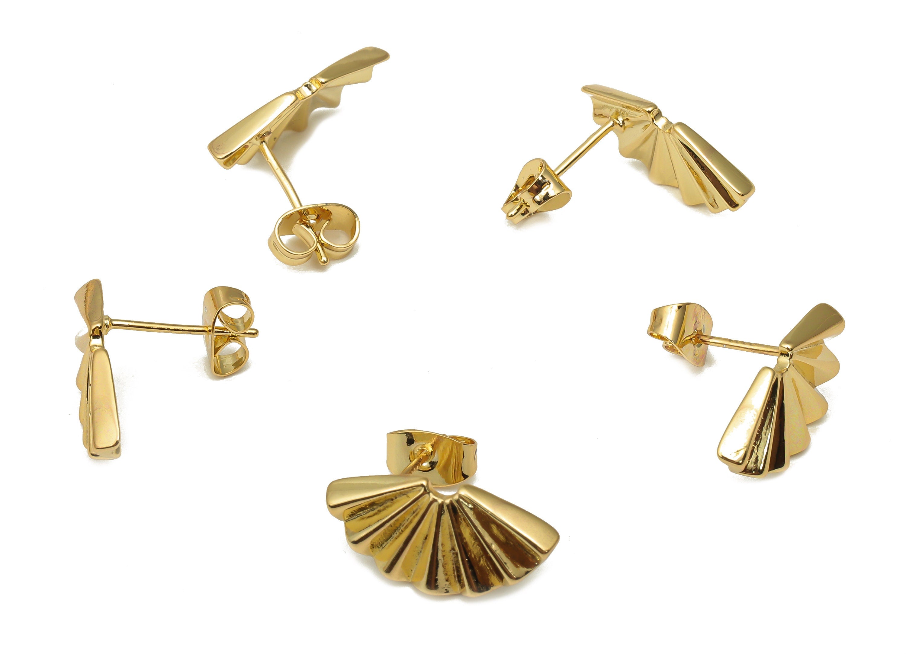 Brass Fan Earring Post - 925 Silver Stud - Brass Leaf Mini Shell Earring Stud - 18K Real Gold Plated Brass - 17.53x8.87x1.88mm - RGP5135 - DOMEDBAZAAR