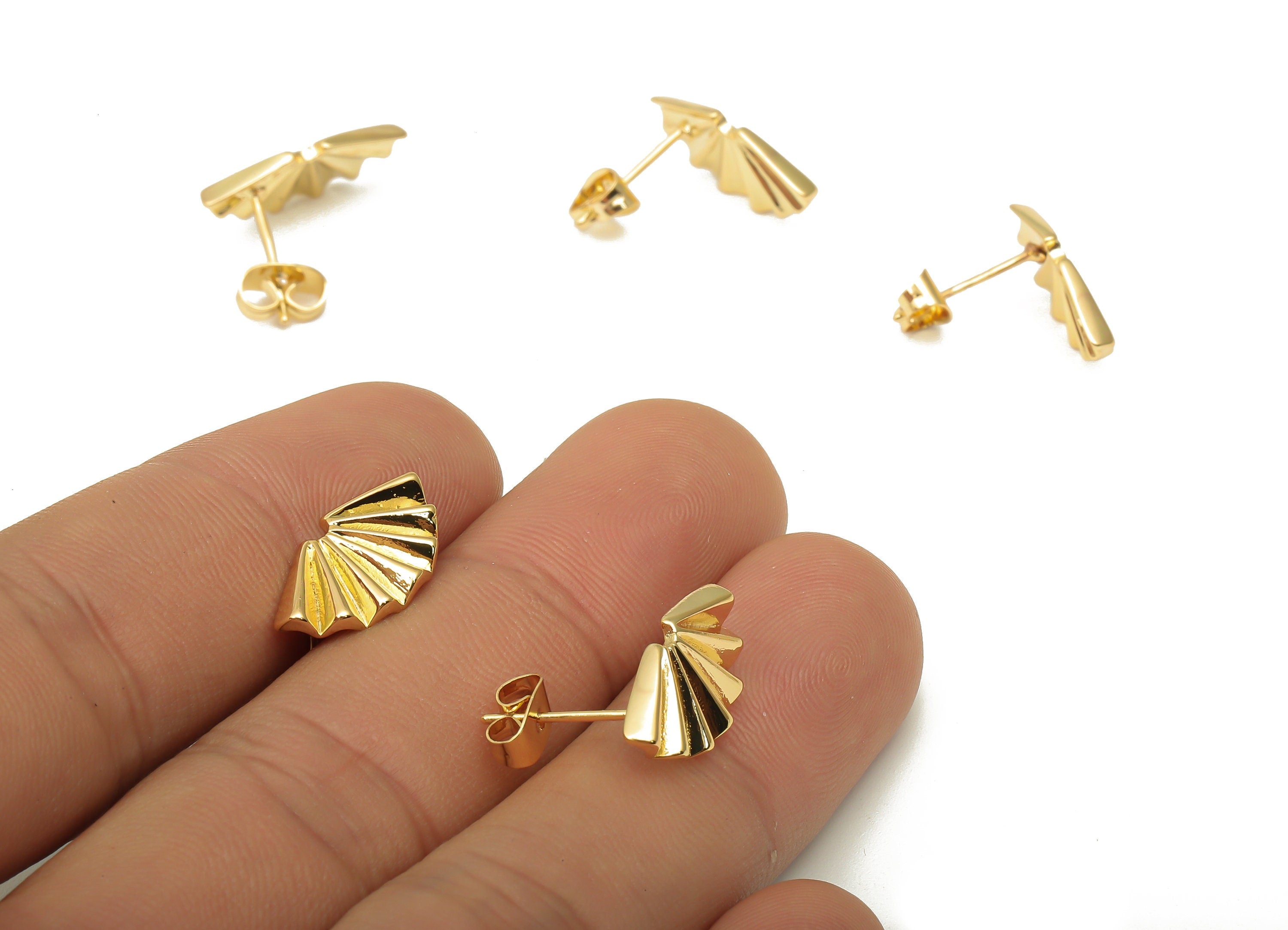 Brass Fan Earring Post - 925 Silver Stud - Brass Leaf Mini Shell Earring Stud - 18K Real Gold Plated Brass - 17.53x8.87x1.88mm - RGP5135 - DOMEDBAZAAR