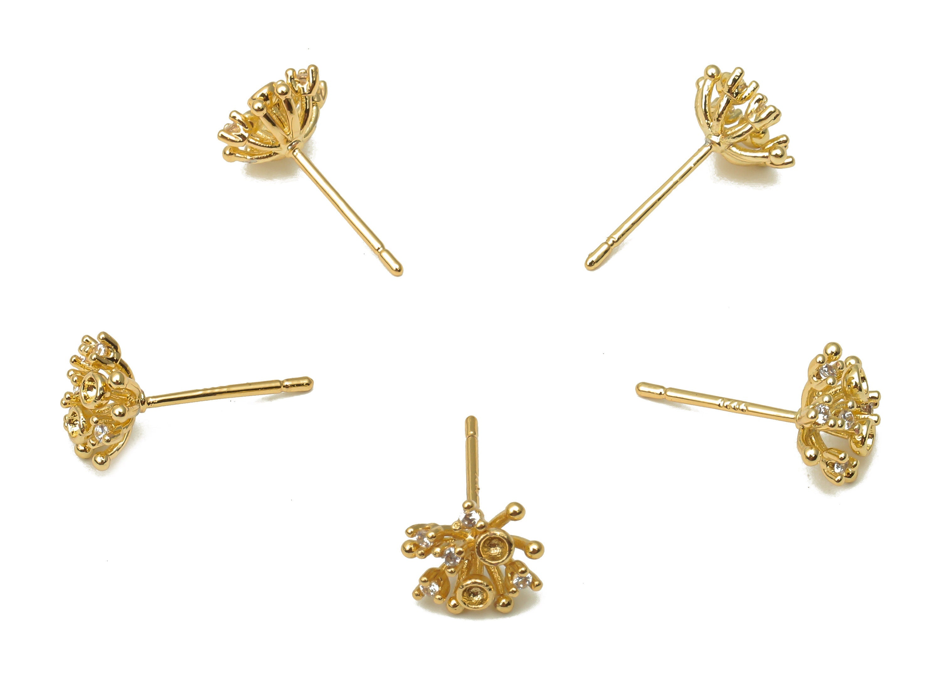 Brass Flower Earring Post - Brass Long Flower Earring Stud with Zircon - 18K Real Gold Plating - 925 Silver Stud - 8.94x8.94x4.2mm - RGP5140 - DOMEDBAZAAR