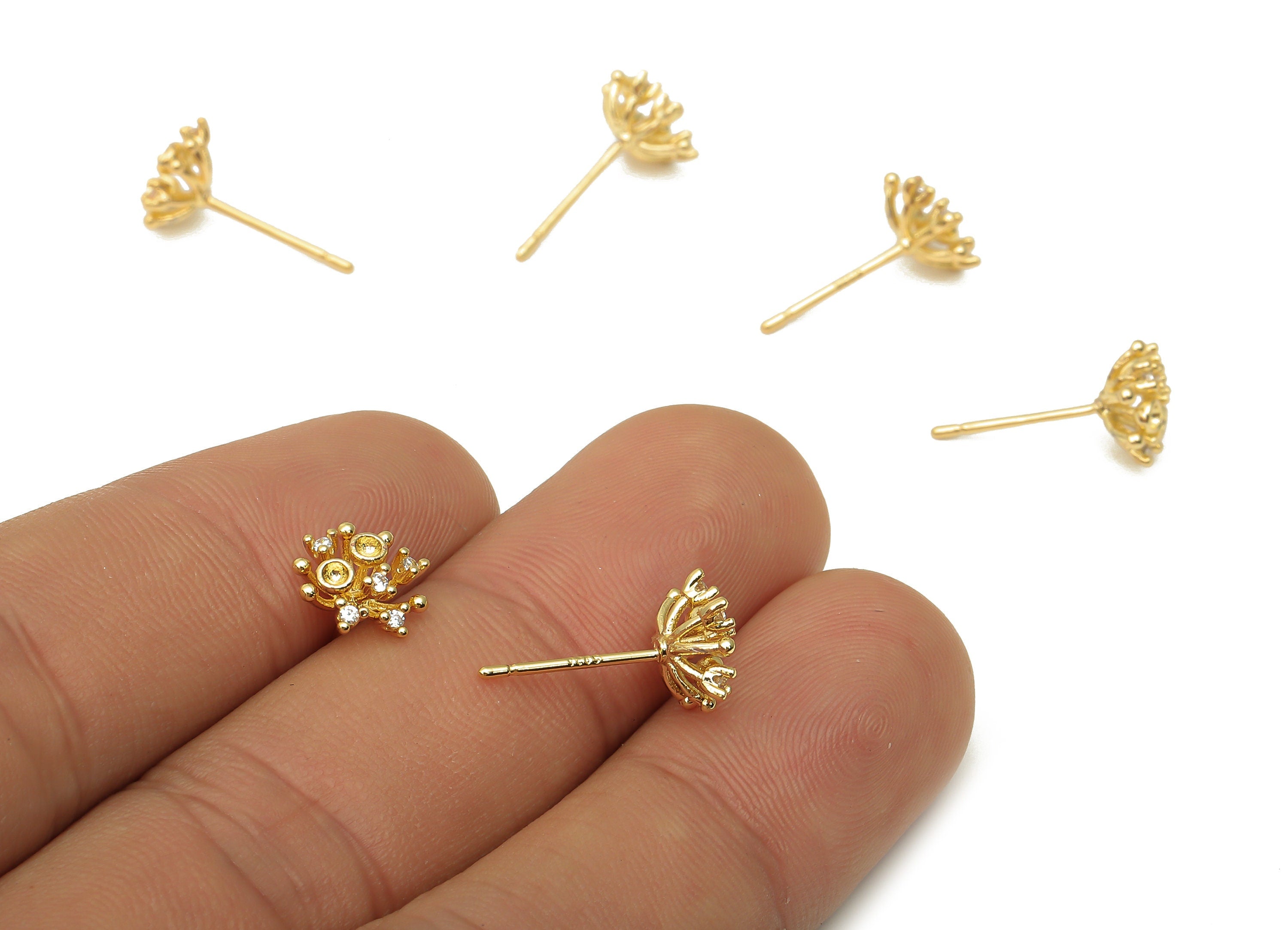 Brass Flower Earring Post - Brass Long Flower Earring Stud with Zircon - 18K Real Gold Plating - 925 Silver Stud - 8.94x8.94x4.2mm - RGP5140 - DOMEDBAZAAR