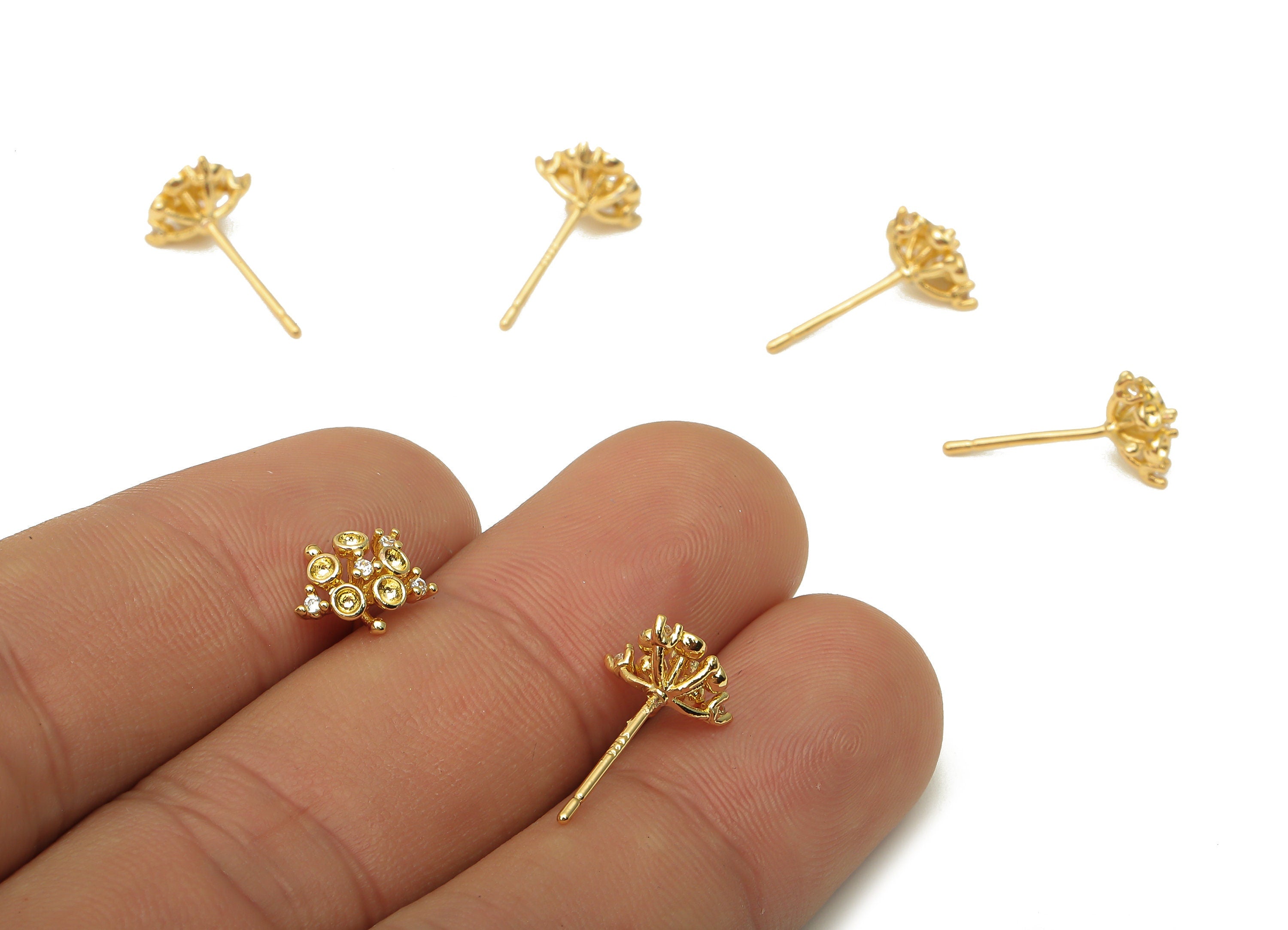 Brass Mini Flower Earring Post with Zircon - Long Flower Stud - 925 Silver Stud - 18K Real Gold Plated Brass - 8.98x8.98x4.8mm - RGP5142 - DOMEDBAZAAR