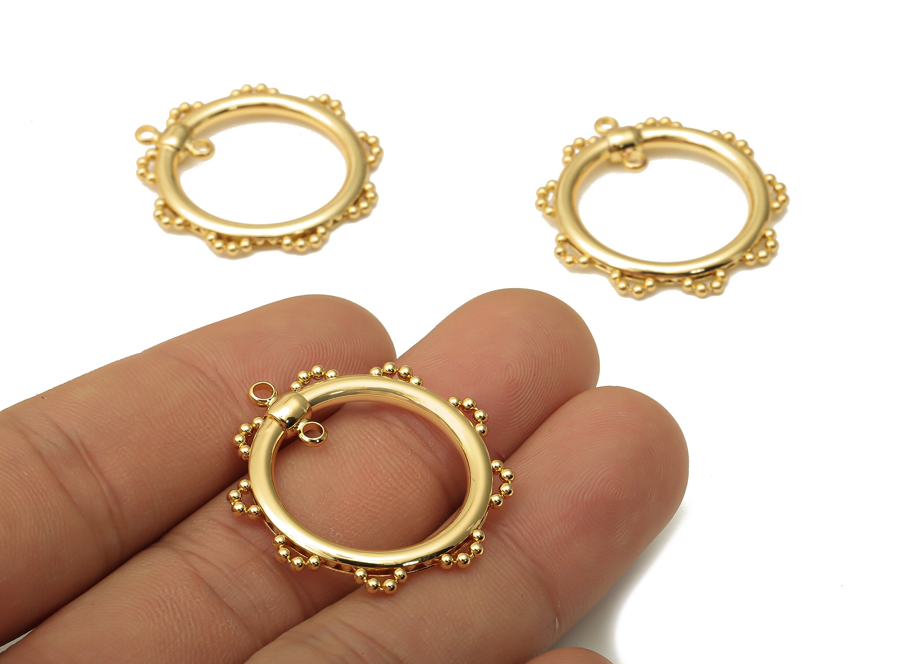 Brass Round Earring Charm - Gold Flower Hoop Charm With 2 Loops - Circle Pendant - 18K Real Gold Plated Brass - 30.8x28.65x2.5mm - RGP5147 - DOMEDBAZAAR