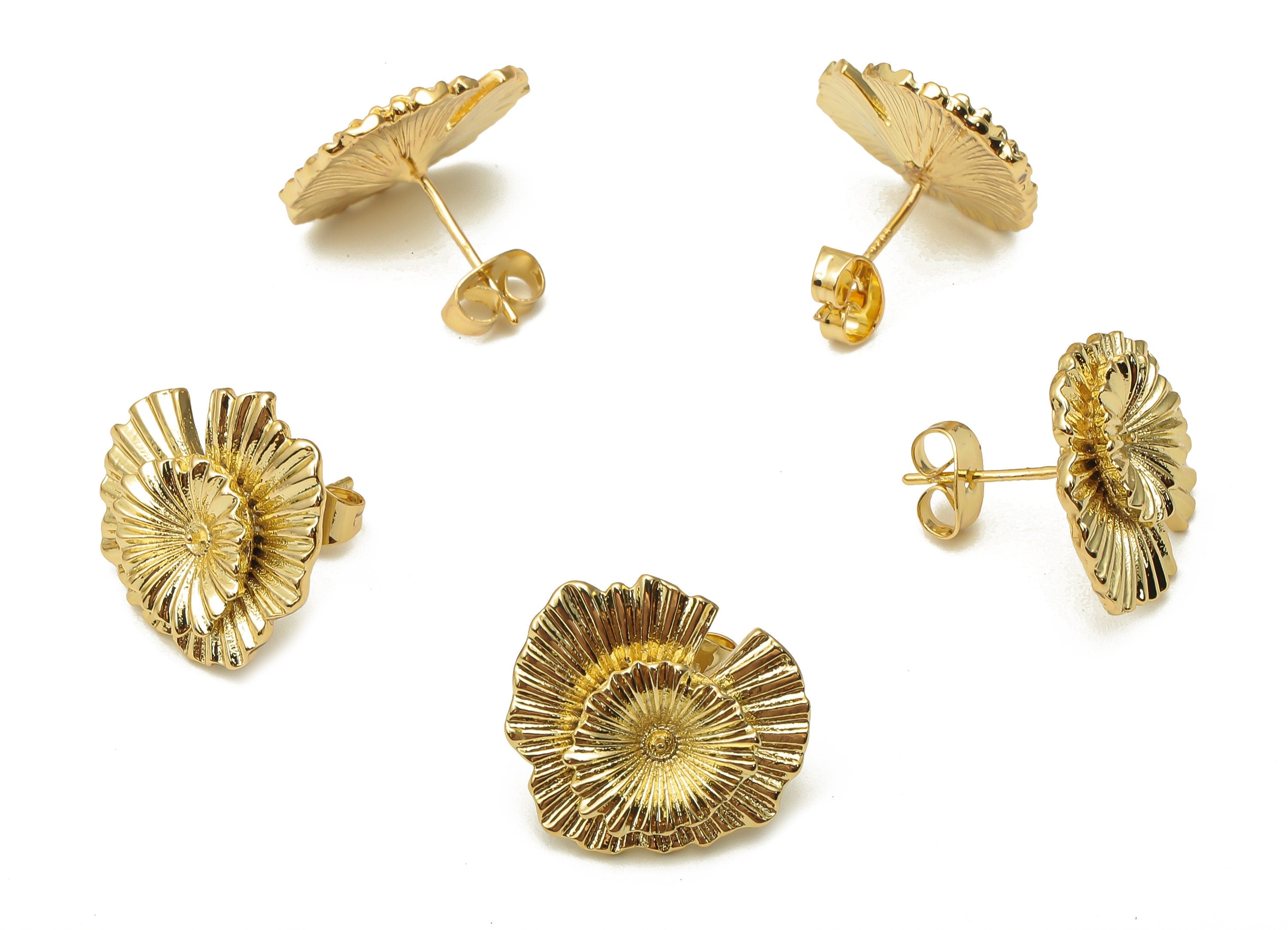 Brass Flower Earring Post - Gold Water Lily Earring Stud - 925 Silver Stud - 18K Real Gold Plated Brass - 17.8x16.3x1.4mm - RGP5148 - DOMEDBAZAAR