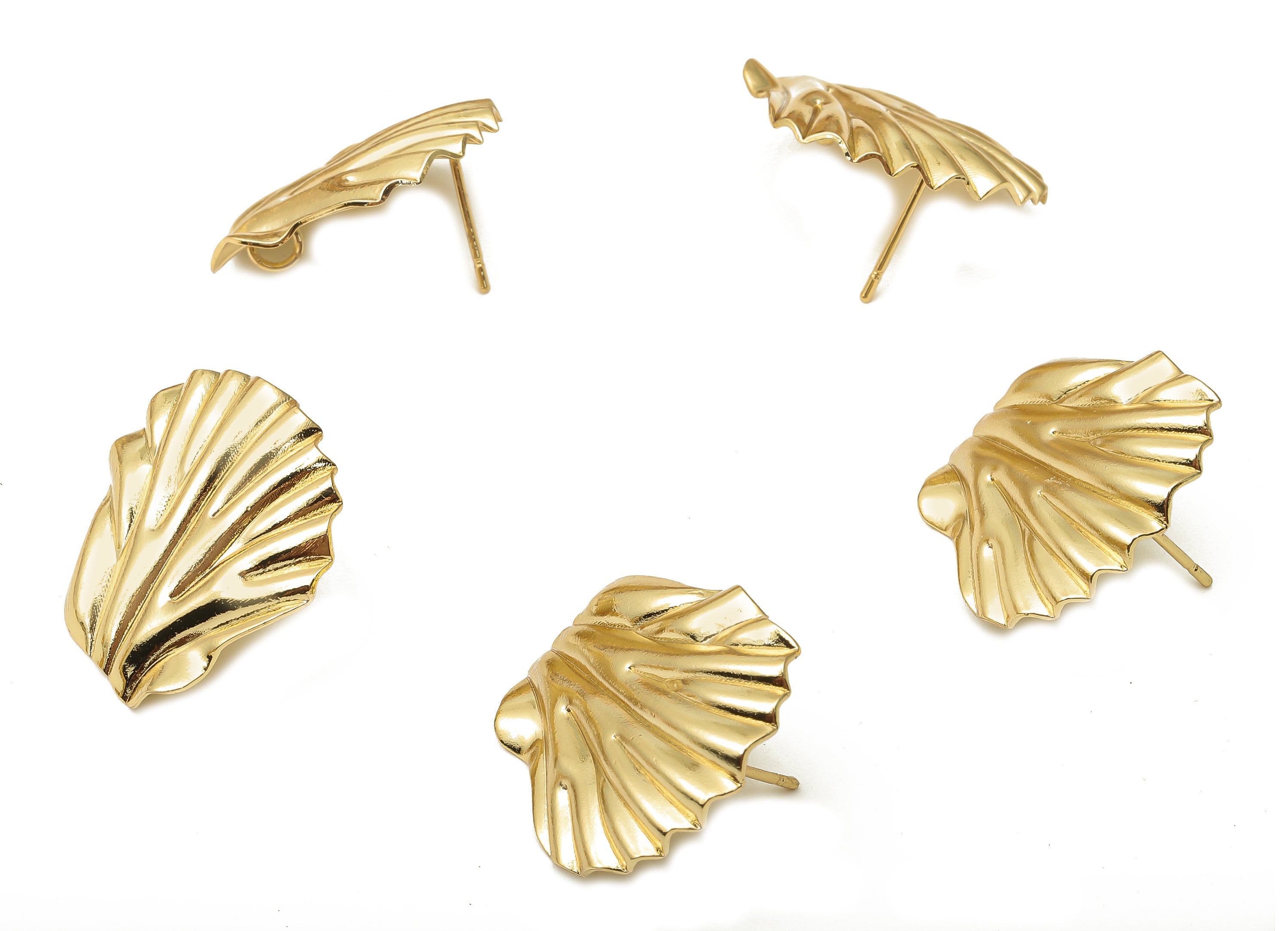 Brass Wave Leaf Earring Posts - Wavy Gold Shell Earring With Loop - Stainless Steel Stud - 18K Real Gold Plating - 22.6x21.96x0.8mm -RGP5156 - DOMEDBAZAAR