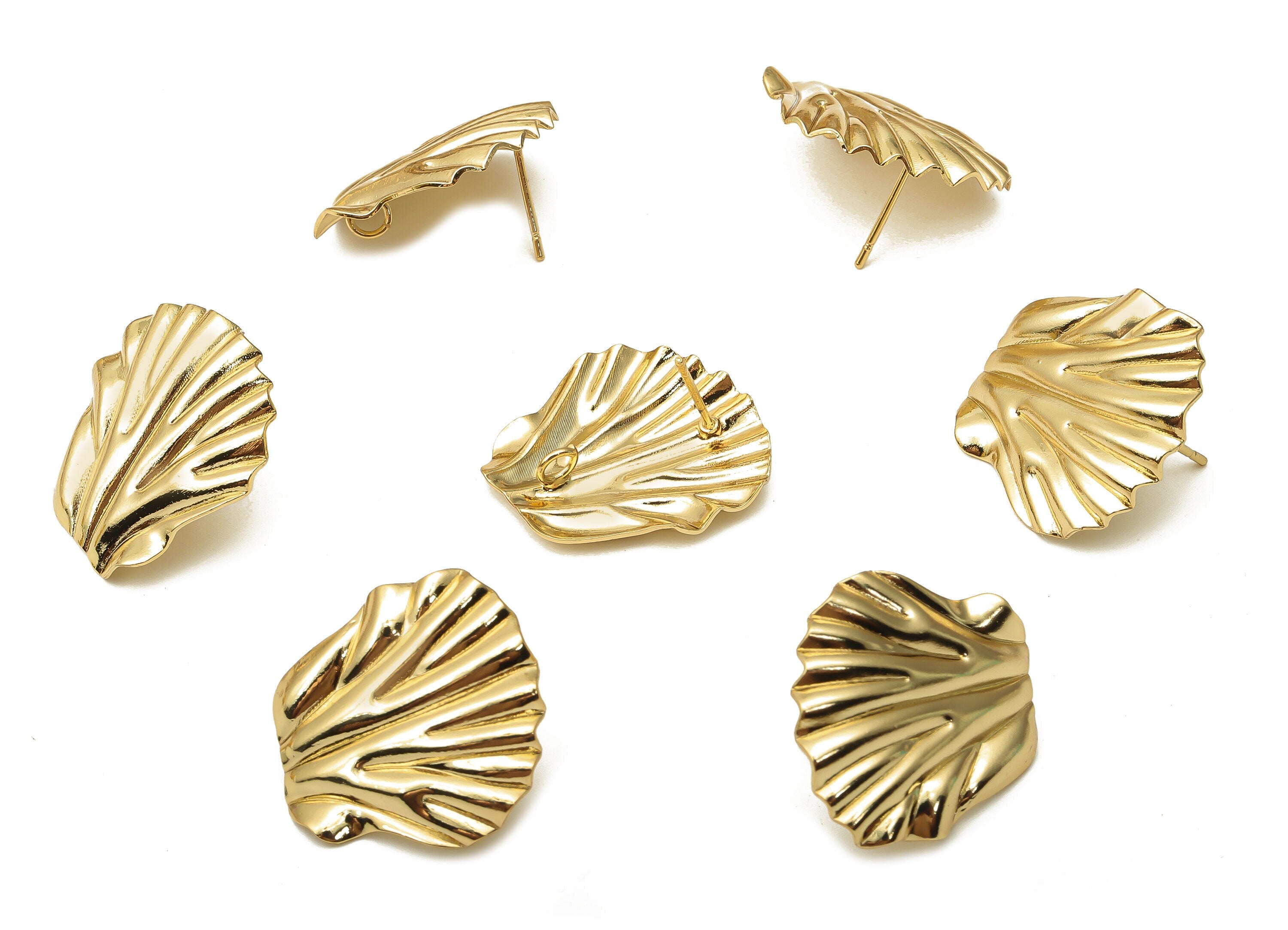 Brass Wave Leaf Earring Posts - Wavy Gold Shell Earring With Loop - Stainless Steel Stud - 18K Real Gold Plating - 22.6x21.96x0.8mm -RGP5156 - DOMEDBAZAAR
