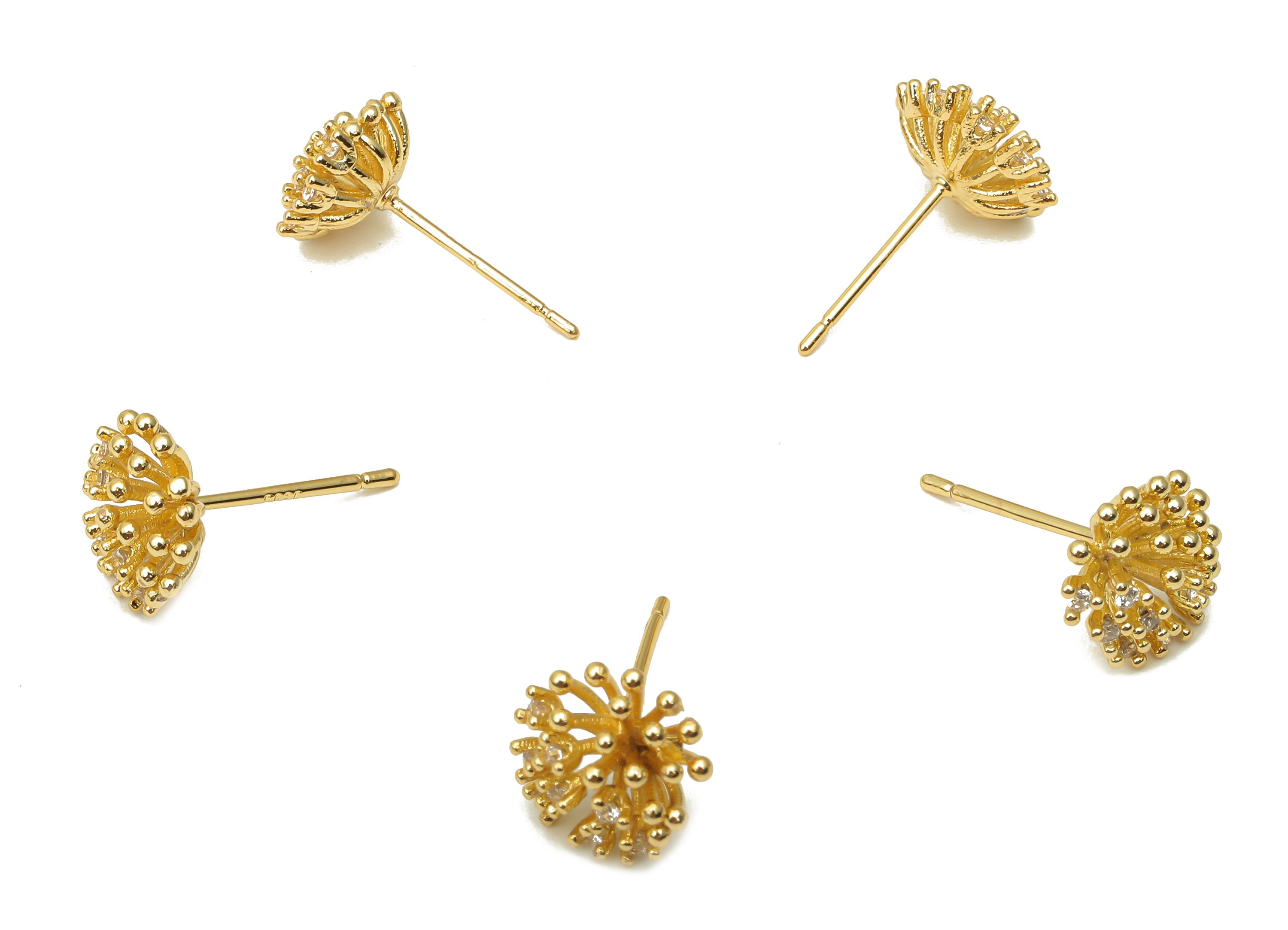Brass Mini Coral Earring Post with Zircon - Gold Coral Earring Stud - 18K Real Gold Plating - 925 Silver Stud - 10.05x10.05x5.02mm - RGP5141 - DOMEDBAZAAR