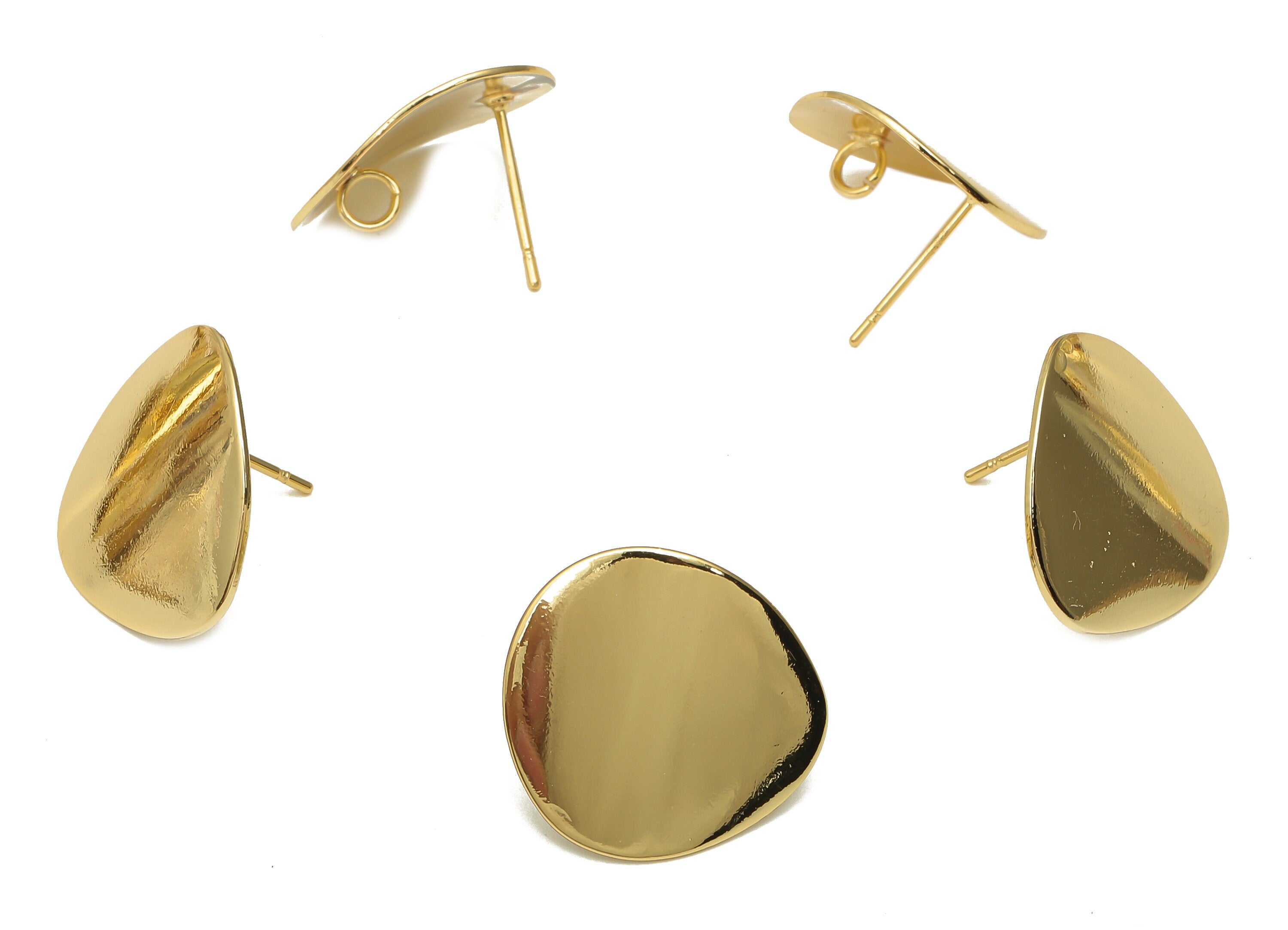 Brass Curved Drop Earring Posts - Brass Teardrop Earring With Loop - Stainless Steel Stud - 18K Real Gold Plating -18.9x17.95x0.6mm -RGP5155 - DOMEDBAZAAR