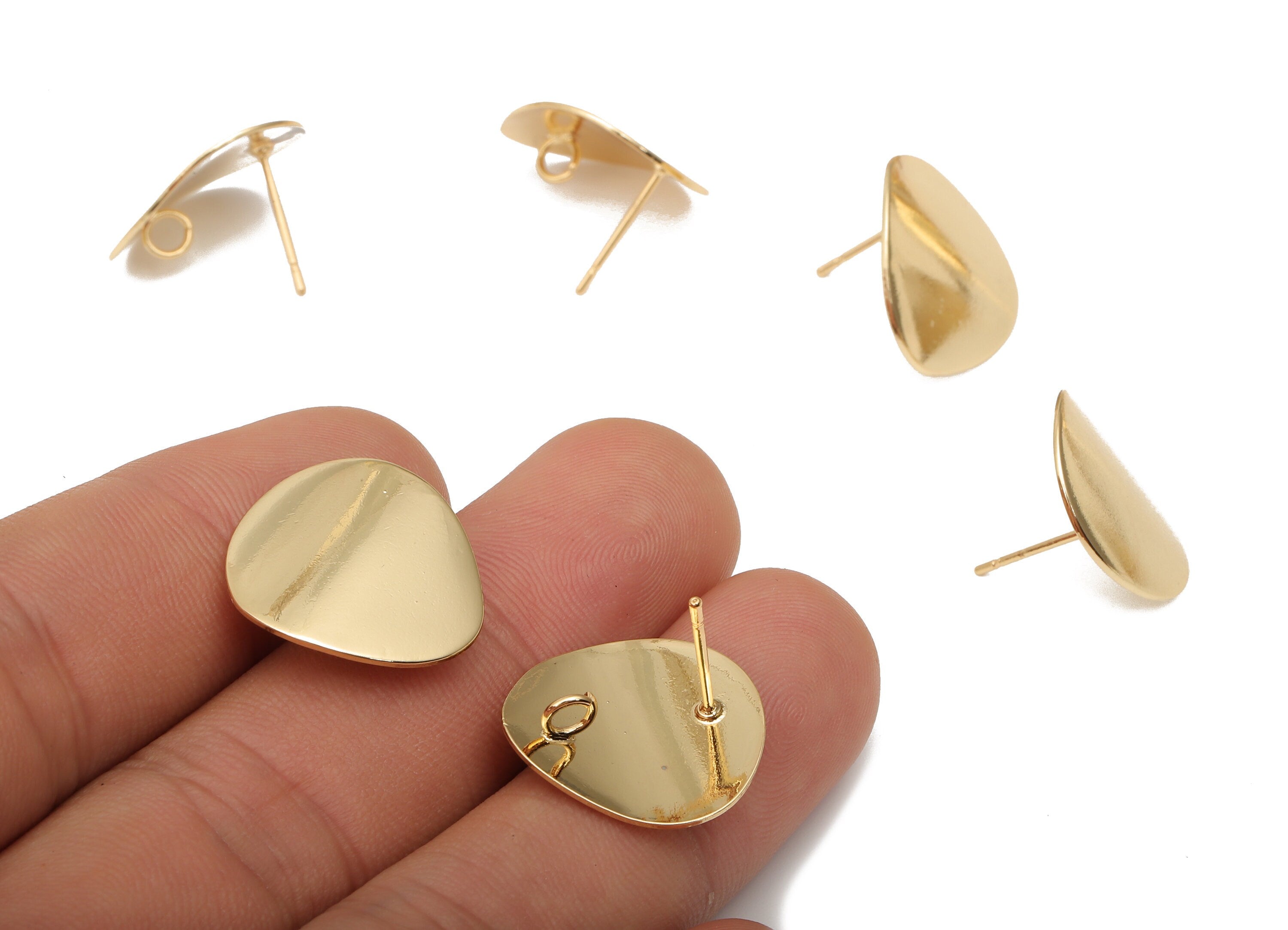 Brass Curved Drop Earring Posts - Brass Teardrop Earring With Loop - Stainless Steel Stud - 18K Real Gold Plating -18.9x17.95x0.6mm -RGP5155 - DOMEDBAZAAR