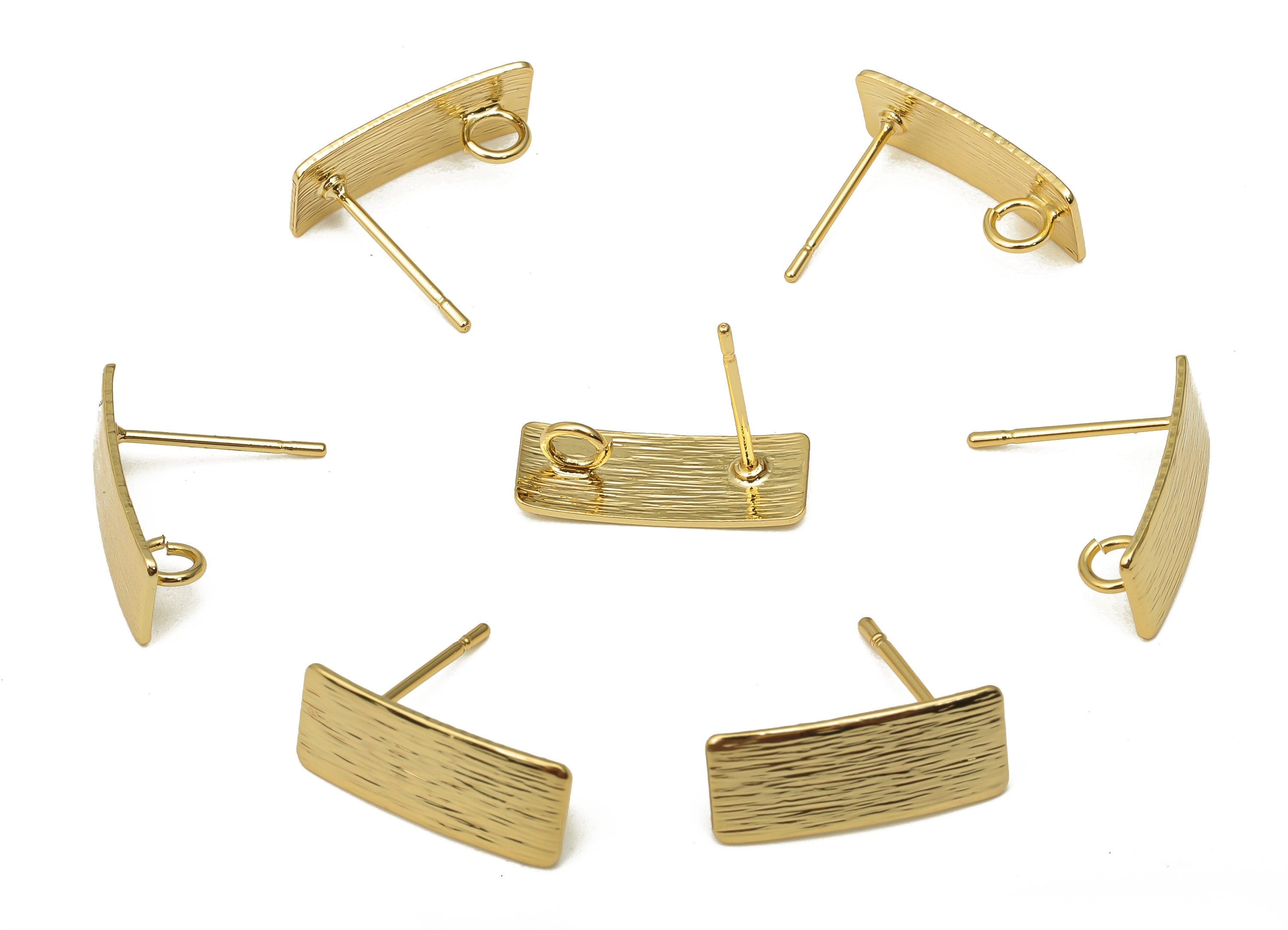 Brass Curved Long Rectangle Bar Earring Post - Textured Stud With Loop - Stainless Steel Stud - 18K Real Gold Plating-16.2x6.7x0.6mm-RGP5160 - DOMEDBAZAAR