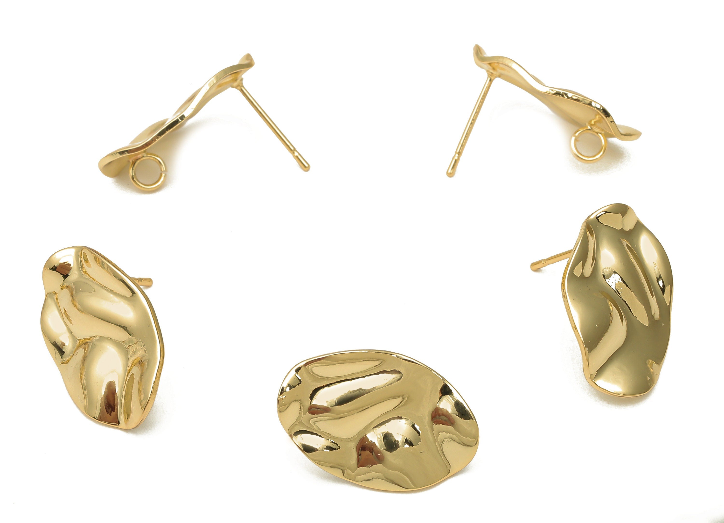 Brass Wavy Oval Earring With Loop - Brass Dainty Irregular Posts - Stainless Steel Stud - 18K Real Gold Plating - 20.6x13.84x0.9mm - RGP5162 - DOMEDBAZAAR