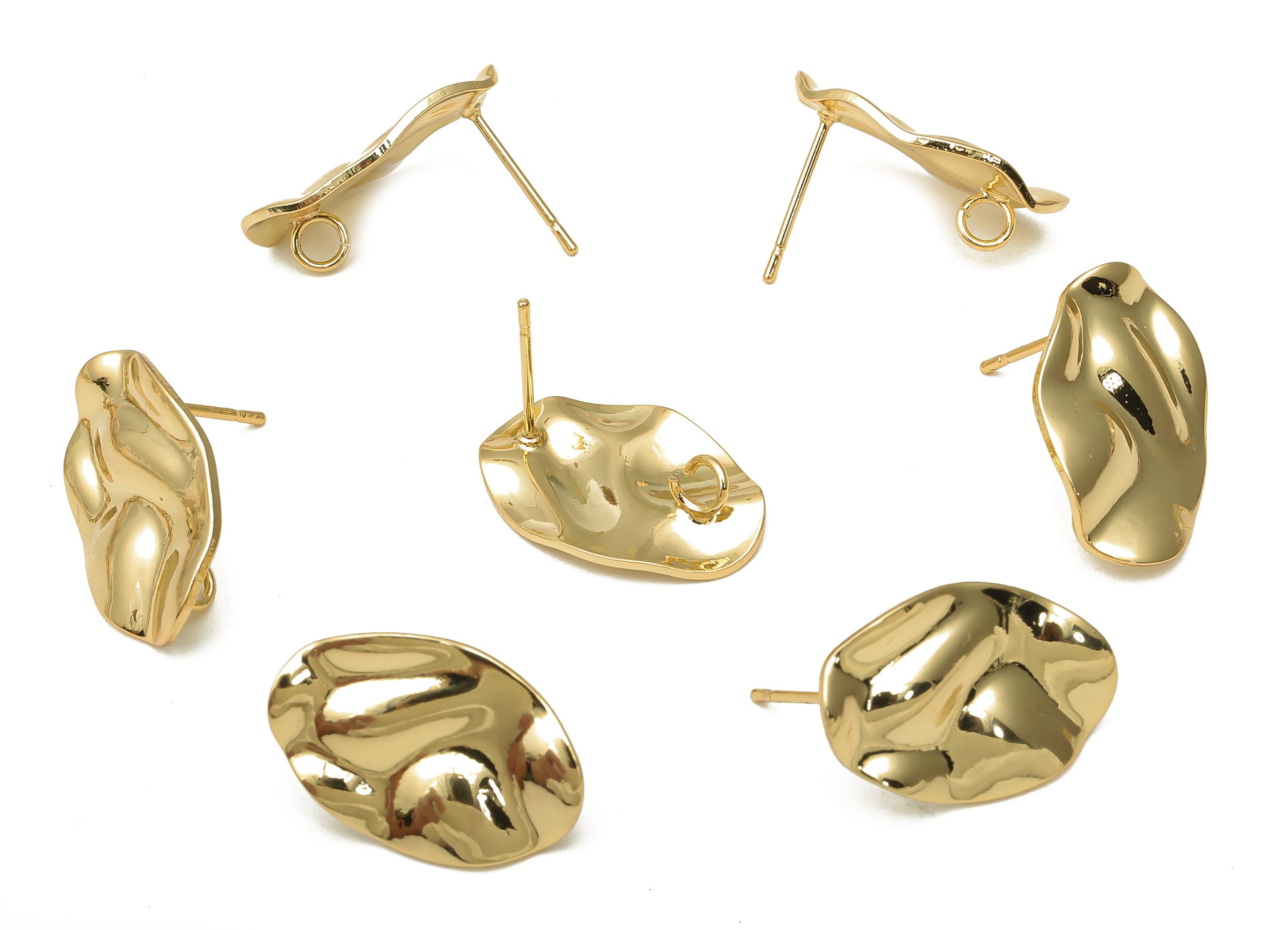 Brass Wavy Oval Earring With Loop - Brass Dainty Irregular Posts - Stainless Steel Stud - 18K Real Gold Plating - 20.6x13.84x0.9mm - RGP5162 - DOMEDBAZAAR