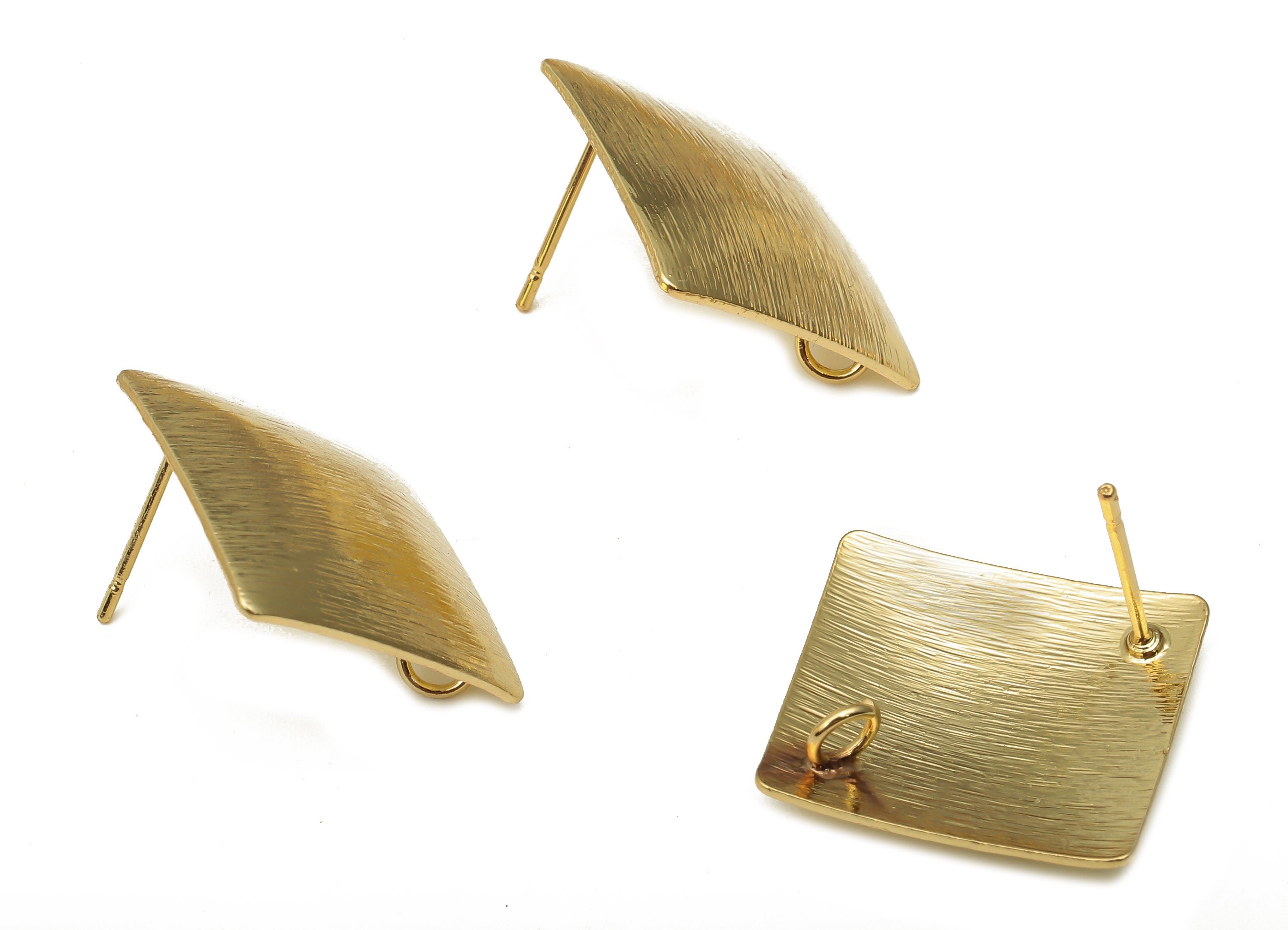 Brass Diamond Earring Post - Textured Rhombus Earring With Loop Stud -Stainless Steel Stud - 18K Real Gold Plating -18.6x18.6x0.6mm -RGP5163 - DOMEDBAZAAR