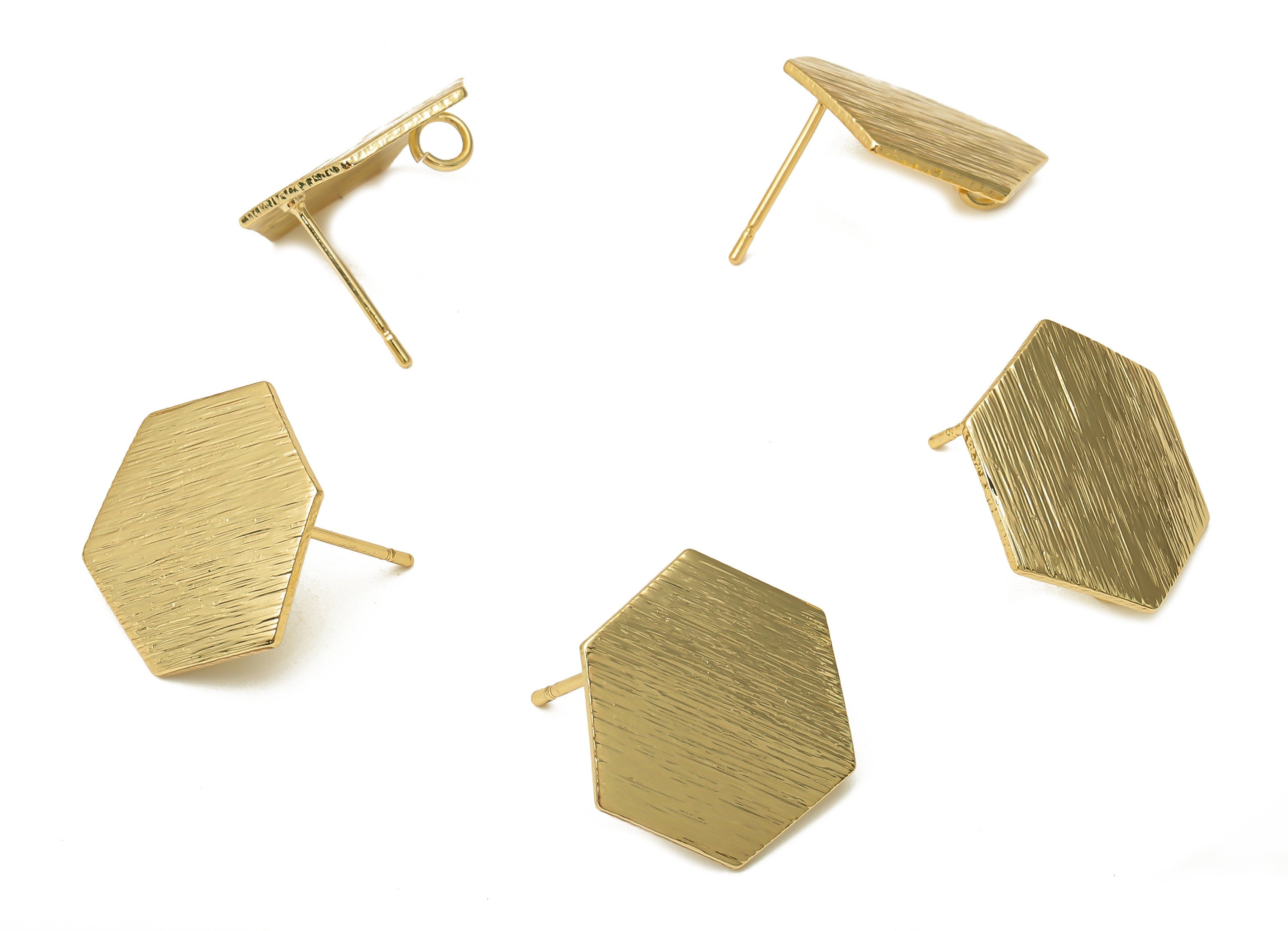 Brass Wave Hexagon Earring Post - Textured Wavy With Loop Stud - Stainless Steel Stud - 18K Real Gold Plating - 16.21x16.21x0.8mm - RGP5165 - DOMEDBAZAAR